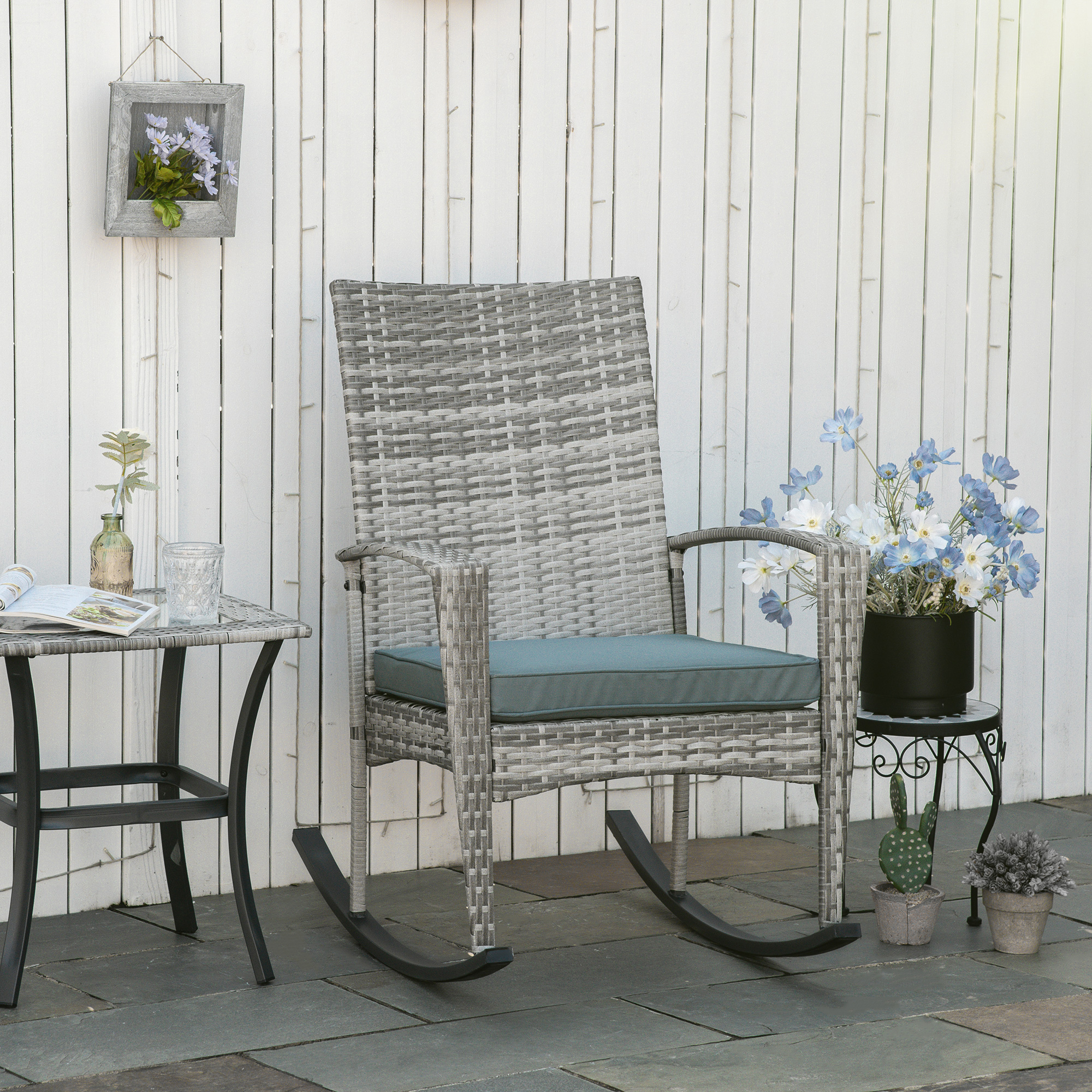 Schaukelstuhl Schwingsessel Gartenstuhl mit Kissen, Polyrattan+Metall, Grau, 66 x 88 x 98 cm