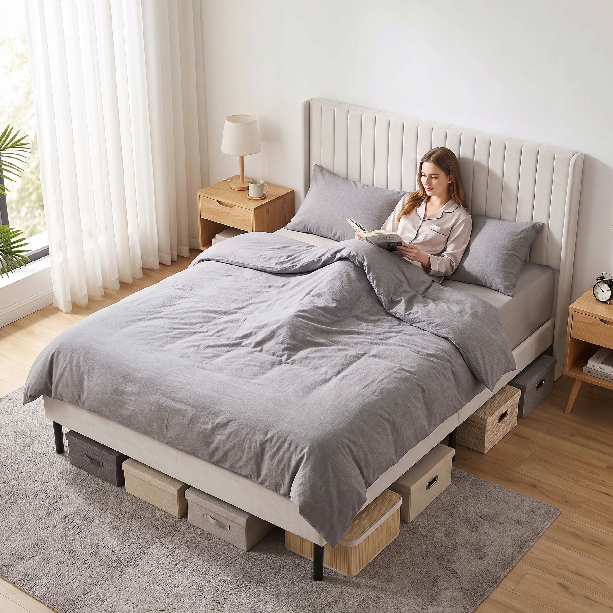 Bettgestell 140 x 200 cm mit verstellbarem Kopfteil, Polsterbett mit 12 Latten, Beige