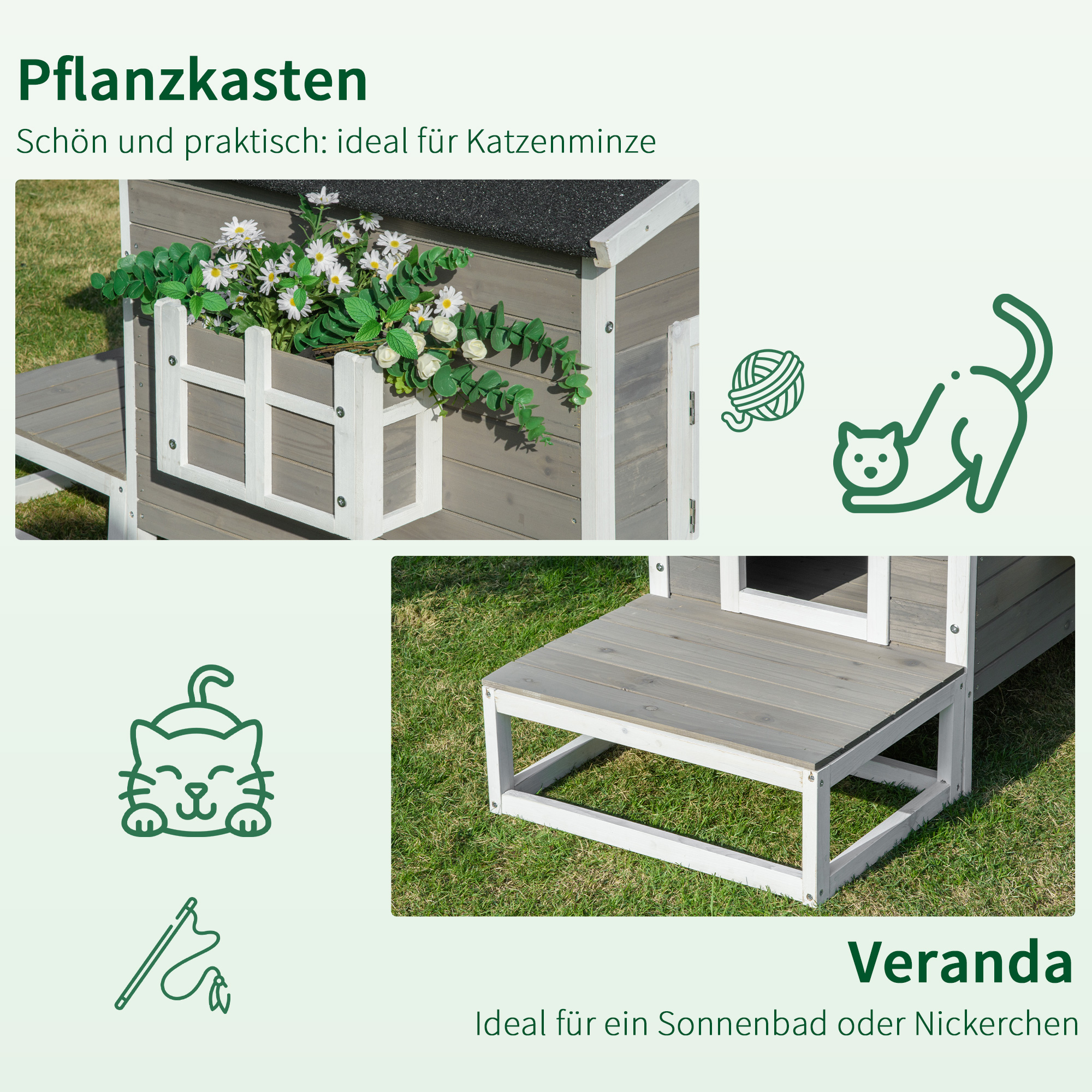 Katzenhaus aus Holz, winterfest wasserdicht Katzenhütte mit Asphaltdach  Terrasse Katzenhöhle Katzenkiste Outdoor Schutzhütte für Draußen Garten Balkon 115 x 66,5 x 74,7 cm Grau+Weiß