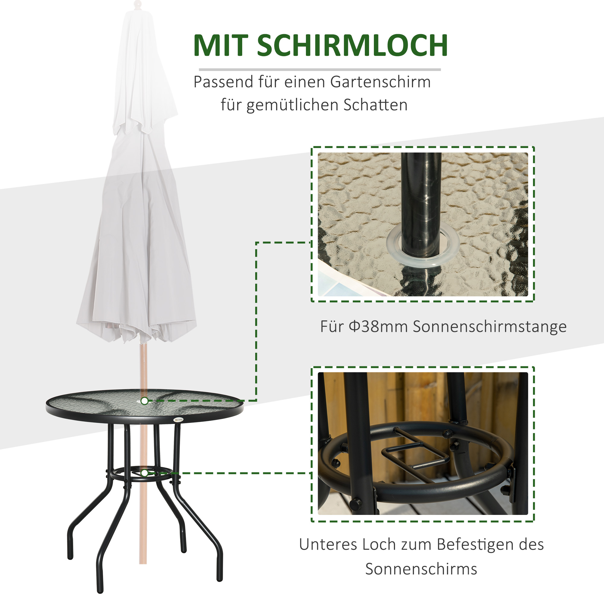 Gartentisch Garten Beistelltisch Gartenmöbel Balkontisch Bistrotisch mit Schirmloch Hartglas + Metall Schwarz Ø80 x 72 cm