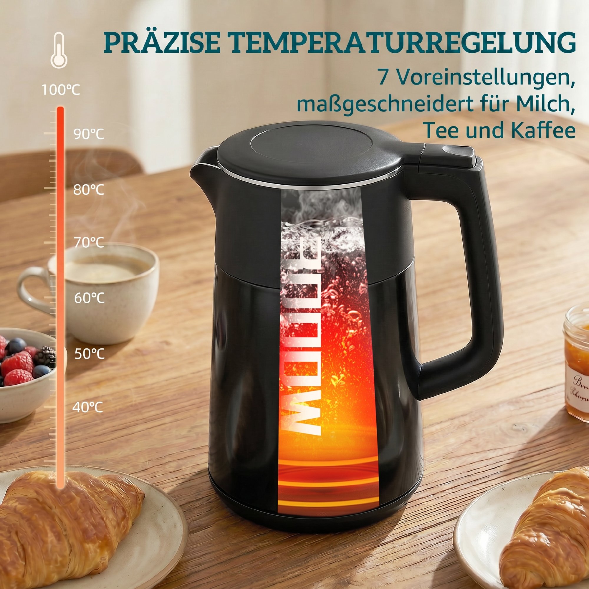 Wasserkocher, 1,7L, Schnellkochend, 2200W, mit LED-Display, Warmhaltefunktion, Trockenkochschutz, PTFE-frei
