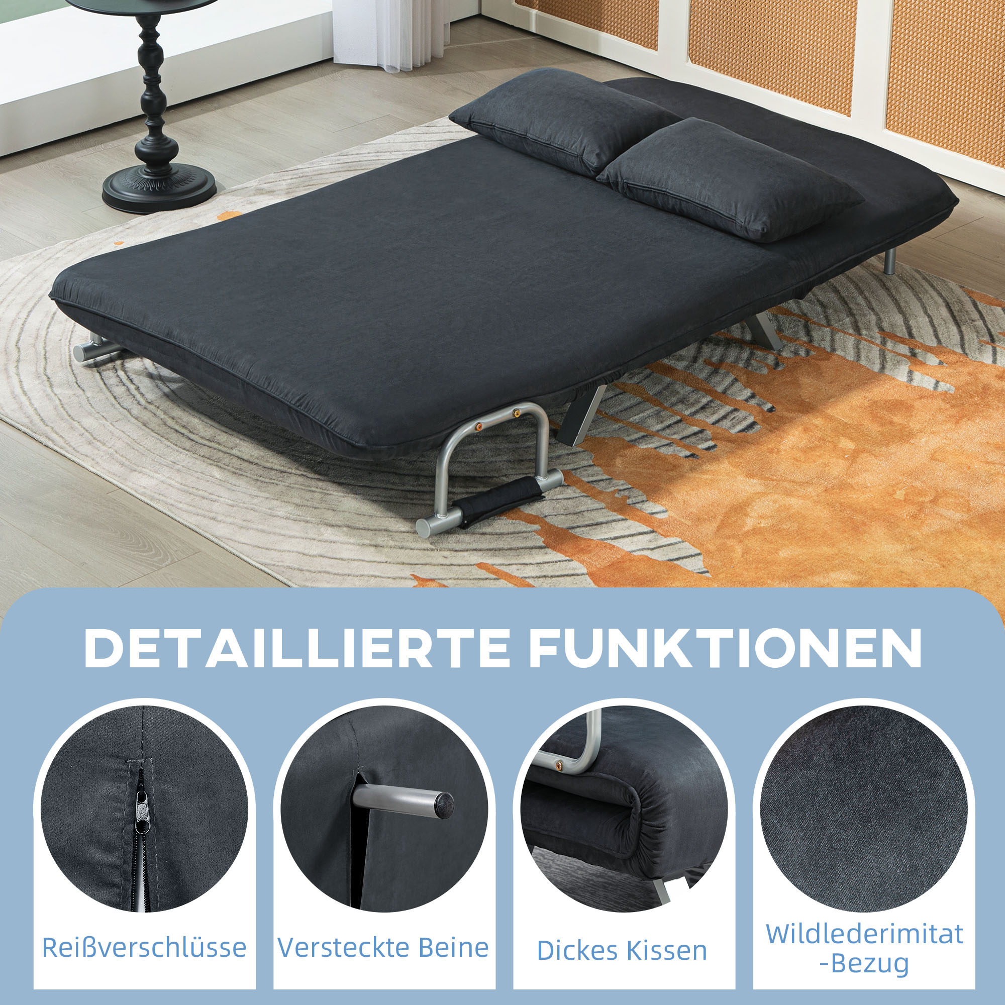 Schlafsofa, 5-fach verstellbar, Wildlederimitat, Stahlrahmen, inkl. Kissen, Schwarz