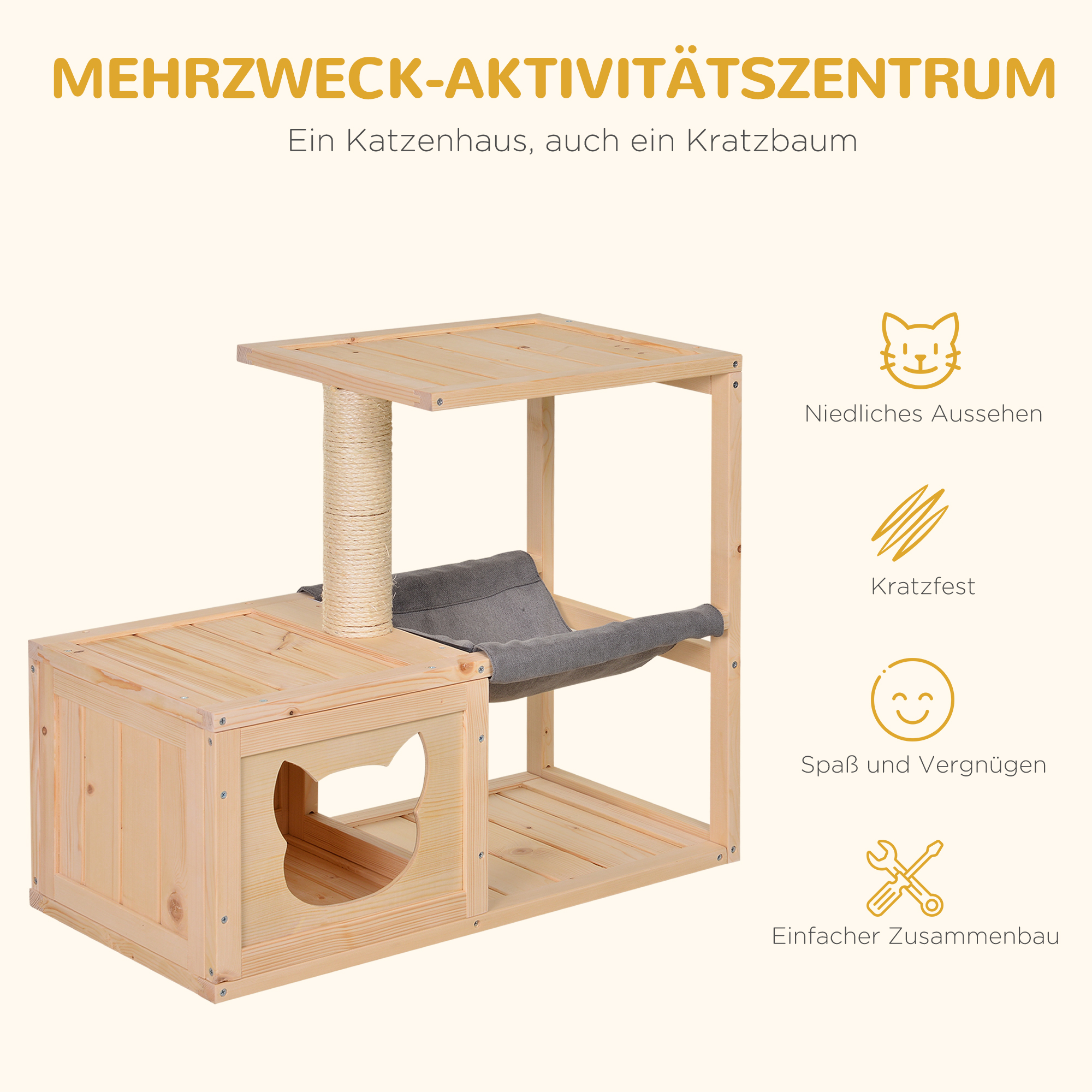 Katzenhaus mit Hängematte, Katzenkiste mit Sisalstamm, Katzenhöhle, Katzenbaum, Katzenaktivitätszentrum, Tannenholz, Natur, 70 x 35 x 60 cm