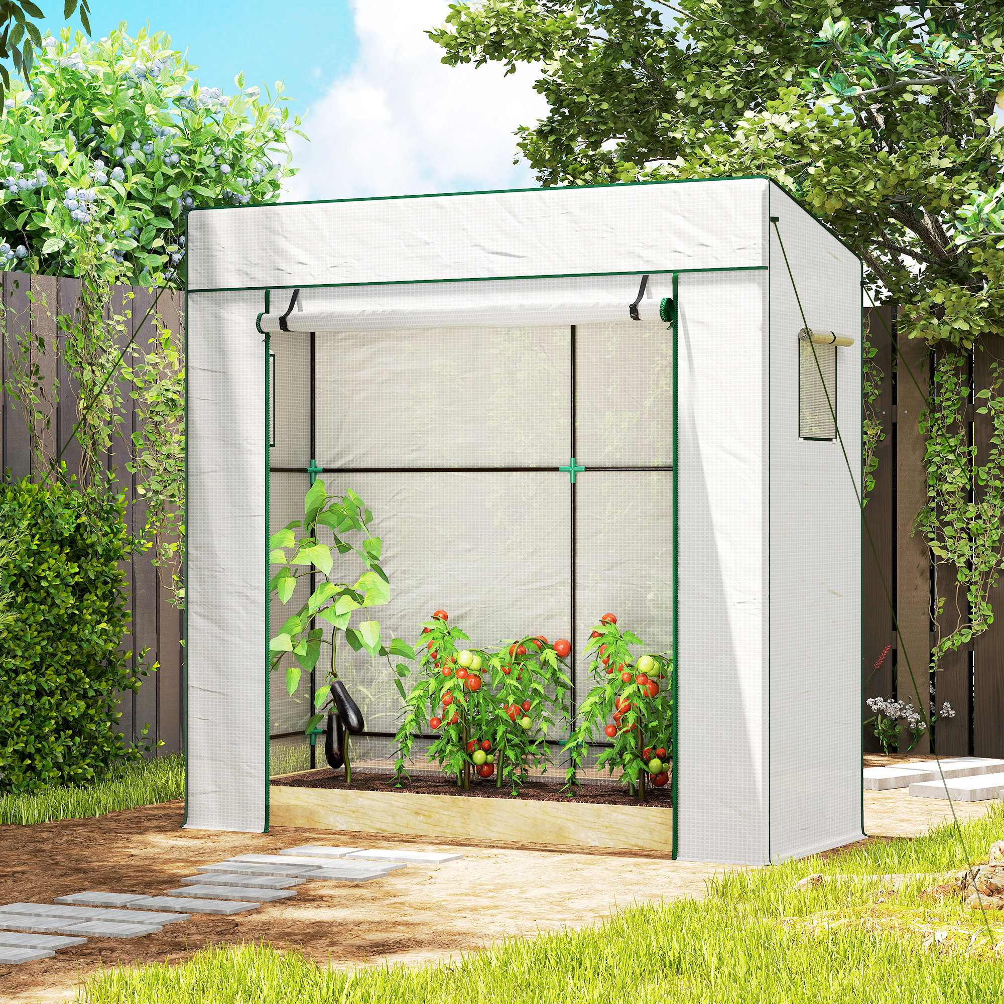 Tomatengewächshaus Foliengewächshaus mit Rolltor Mesh-Fenster Schrägdach 196 x 77 x 197 cm Weiß