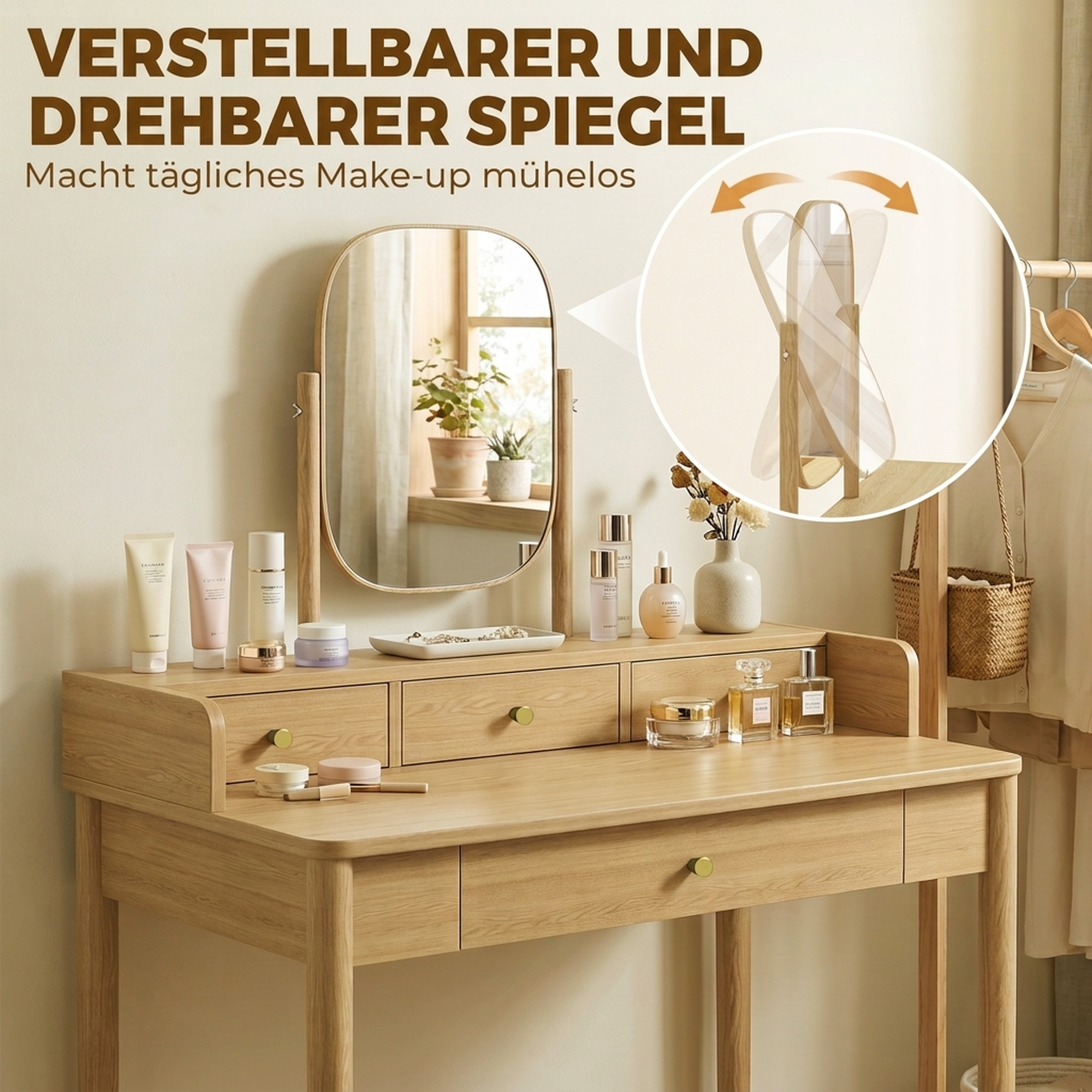 Schminktisch mit Spiegel, Kiefernholz Frisiertisch mit 4 Schubladen, Ablagefläche für Schlafzimmer, Eiche
