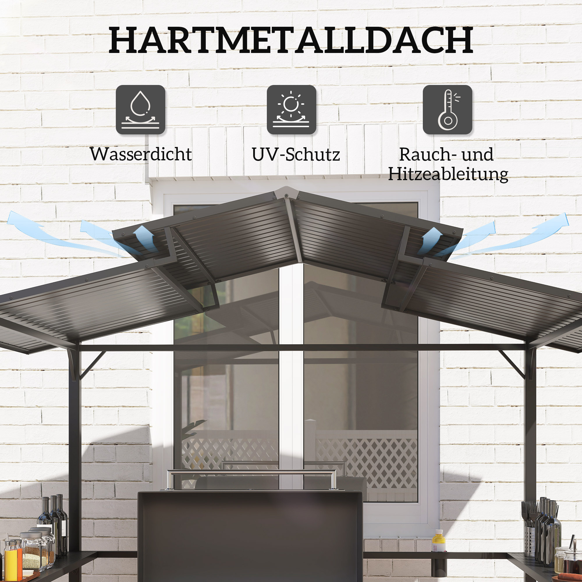 Grillpavillon 250 x 160 x 250 cm wasserdicht Gartenpavillon mit Doppelschichtdach, Seitenregalen Schwarz
