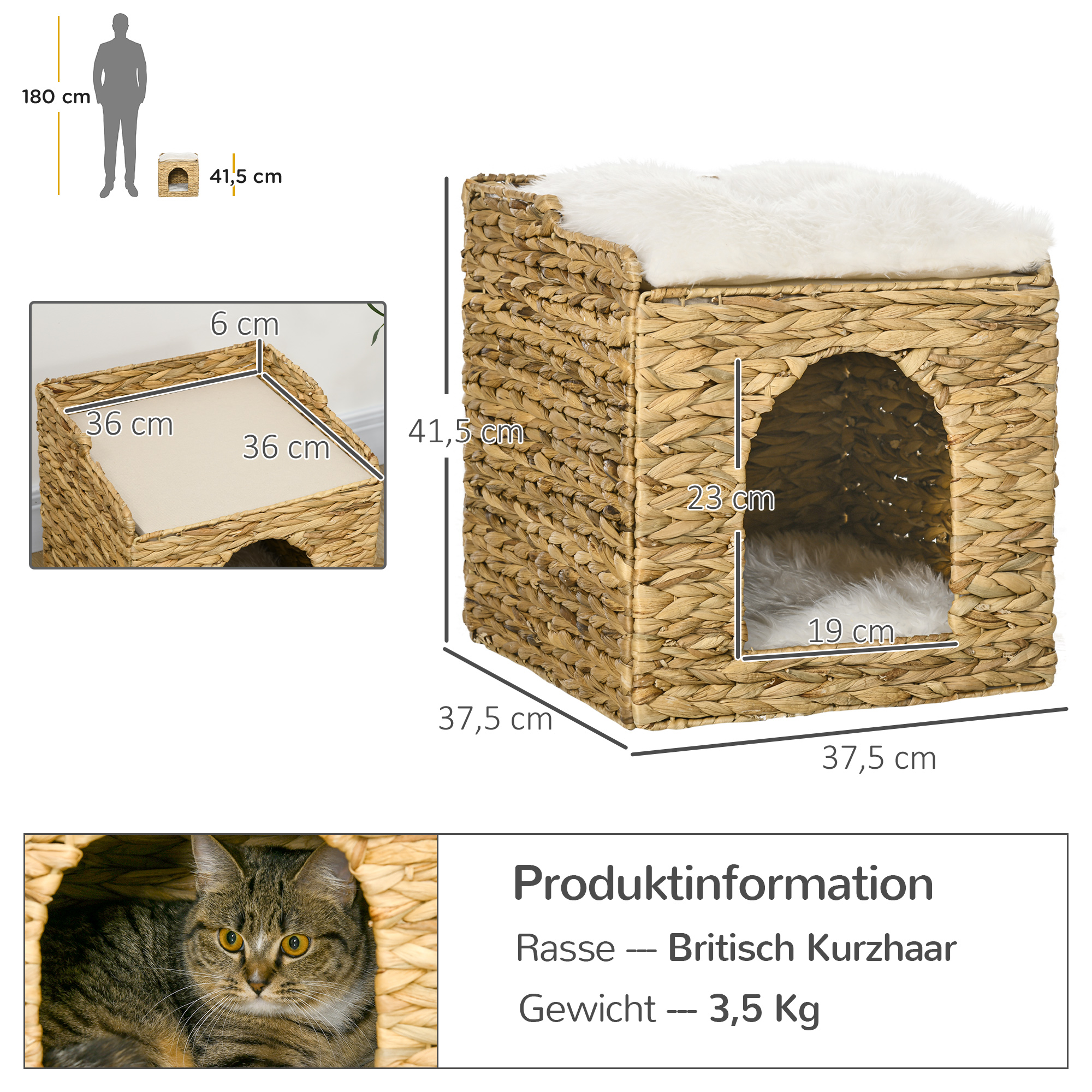 Katzenhöhle aus Wasserhyazinthen-Gras, 2 Liegefläche, 2 waschbare Kissen, Natur + Weiß