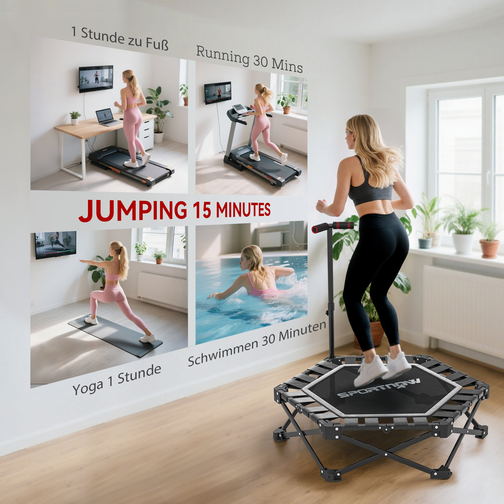 Fitness-Trampolin mit verstellbarem T-Griff, faltbar, Tragetasche, 120 kg Belastbarkeit, Stahl, Kunststoff, Schwarz
