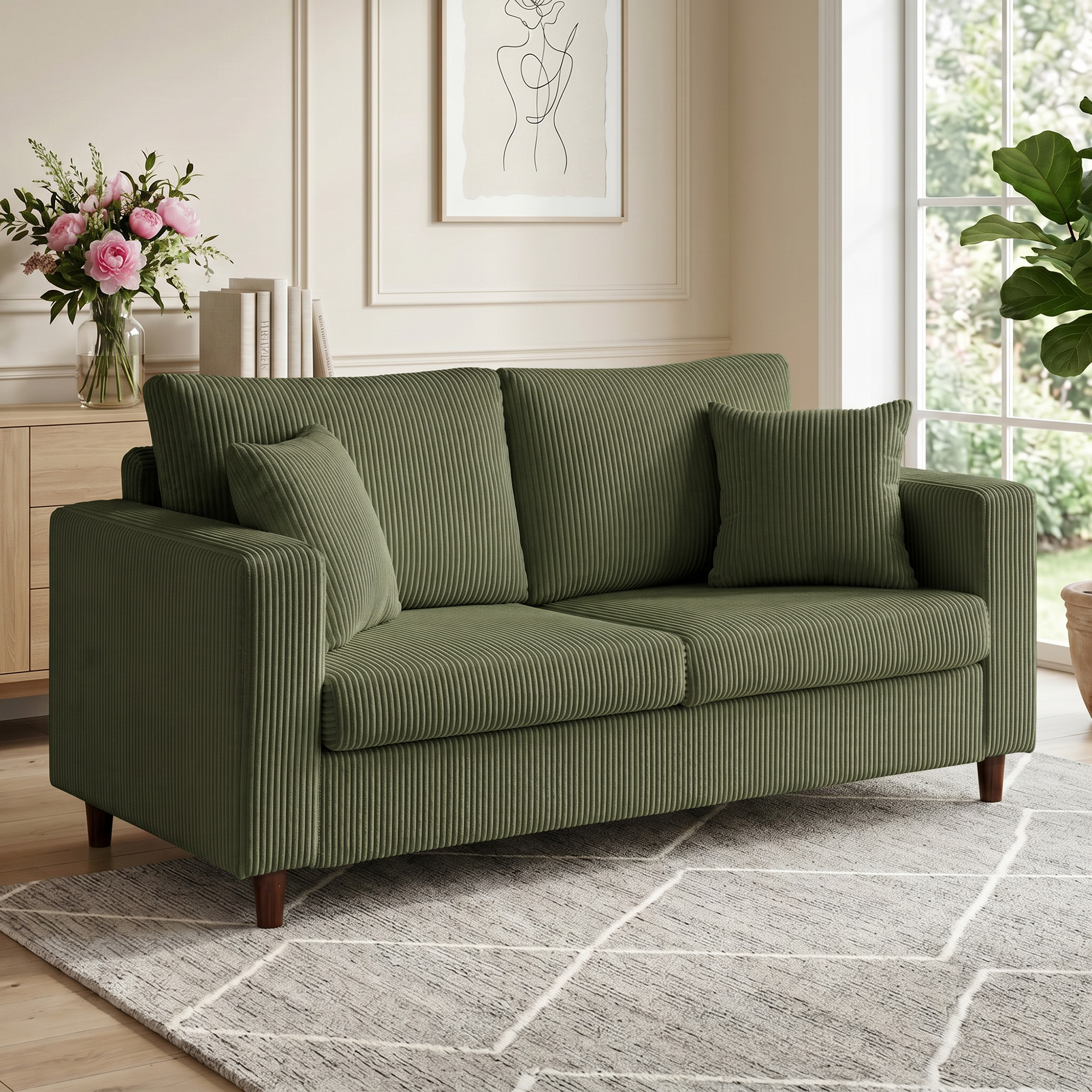 2-Sitzer-Cordsofa mit breiter tiefer Sitzfläche und Federkernpolster, grün