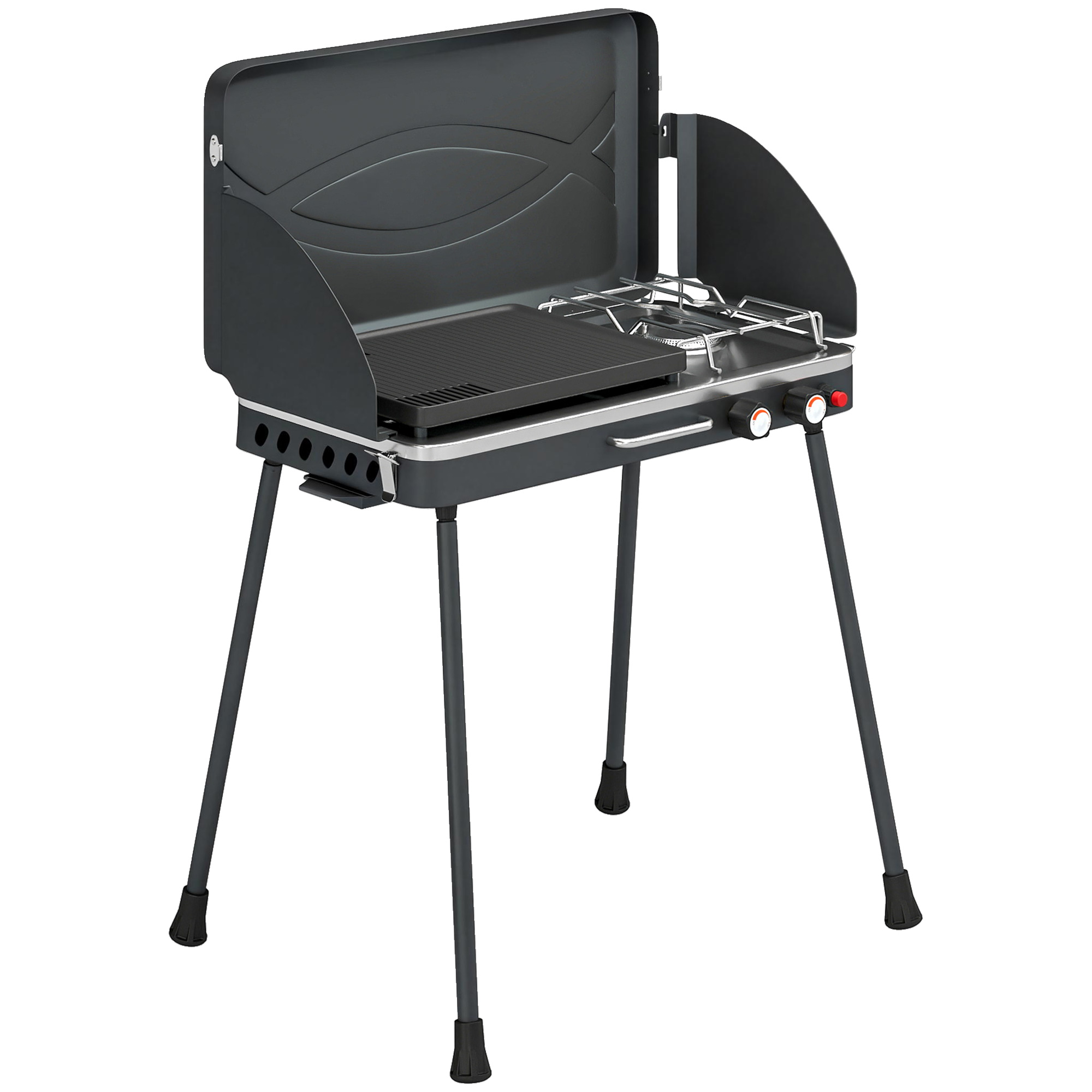 tragbarer Gasgrill 2 Brenner 7 kW 2-in-1 Tischgrill mit Braten klappbar Beinen Grillrost Windschutz Deckel Verschluss