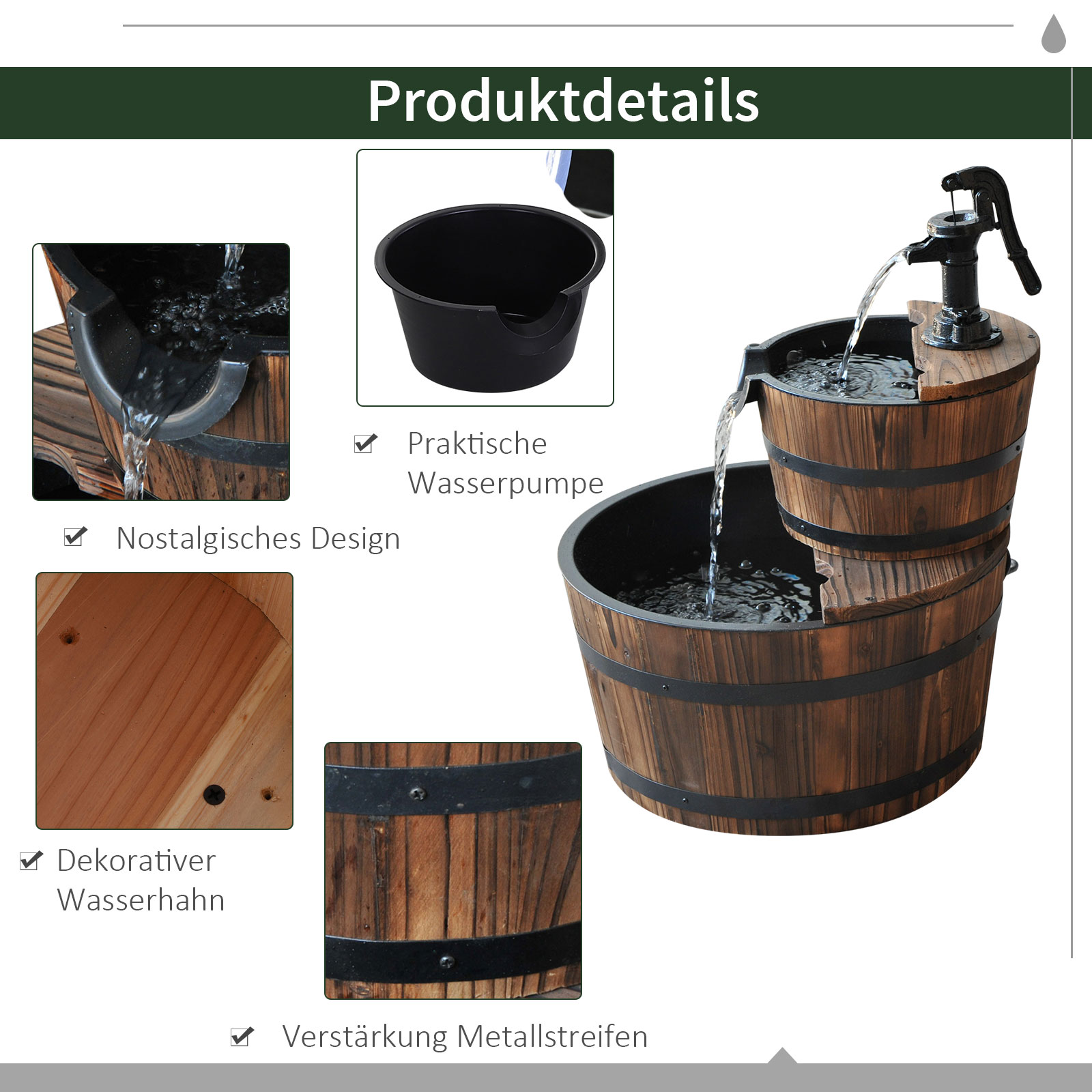 Kaskadenbrunnen 2-stufig Gartenbrunnen Zierbrunnen Zimmerbrunnen Wasserspiel Wasserfall Wasserpumpe Tannenholz Dunkelbraun 44,5 x 44,5 x 58,5 cm