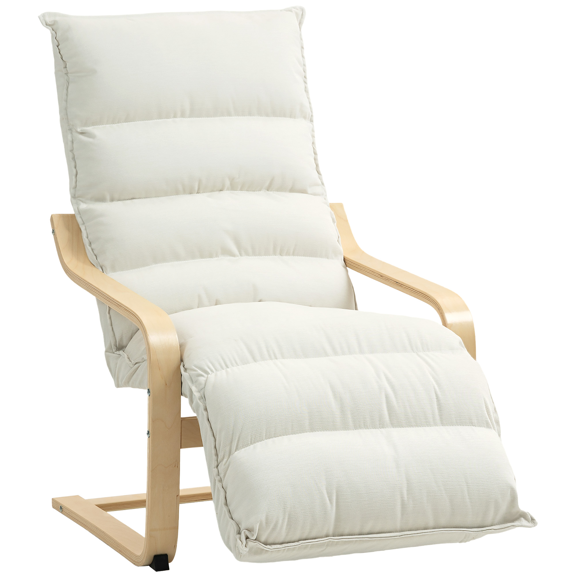 Lounge-Sessel aus Birkenholz, Polstersessel mit verstellbarer Fußstütze, Moderner Armlehnstuhl, Cremeweiß