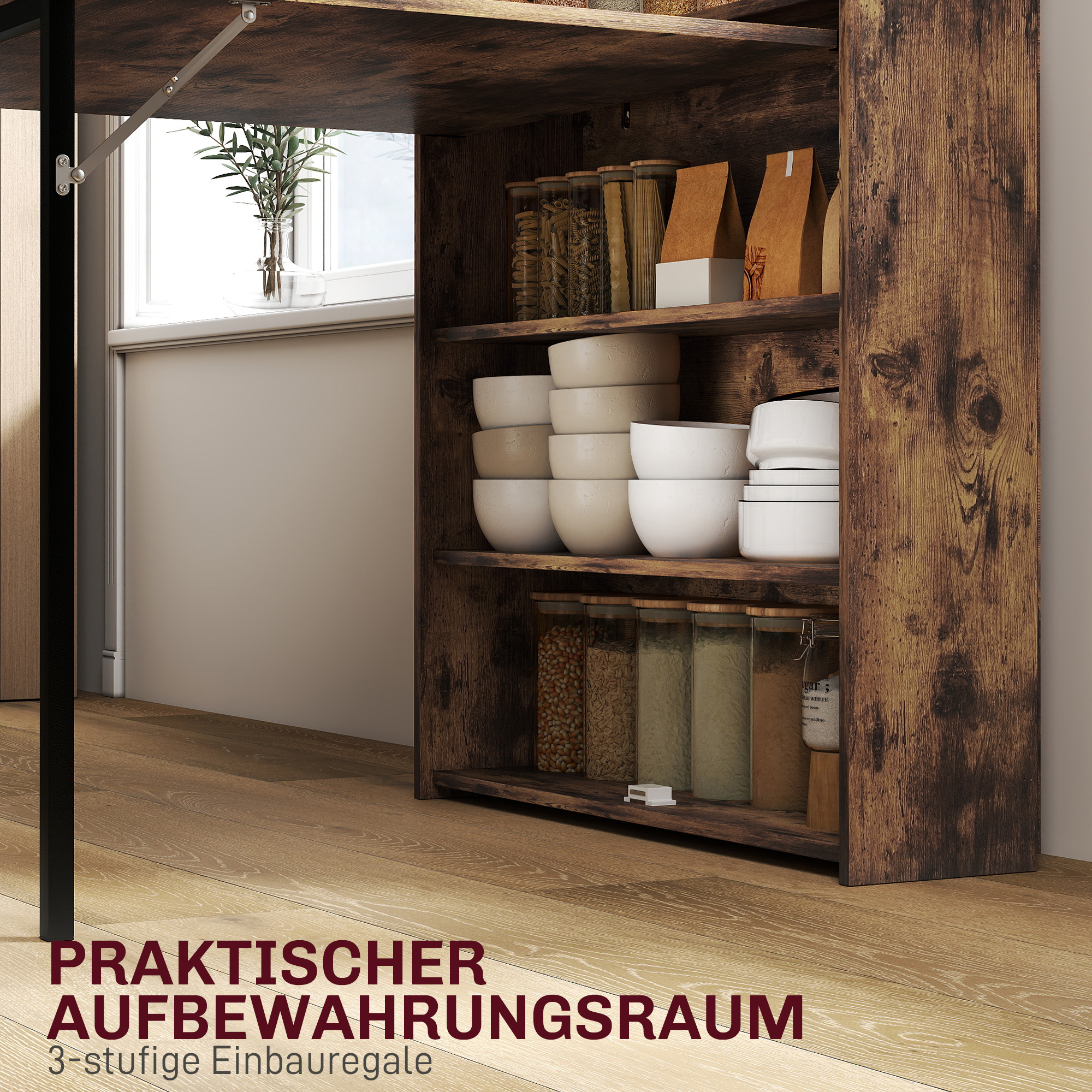 Esstisch Klappbar mit Regal, Industrie-Design, Platzsparend, Für Kleine Räume, 80x90x93cm, Rustikal-Braun