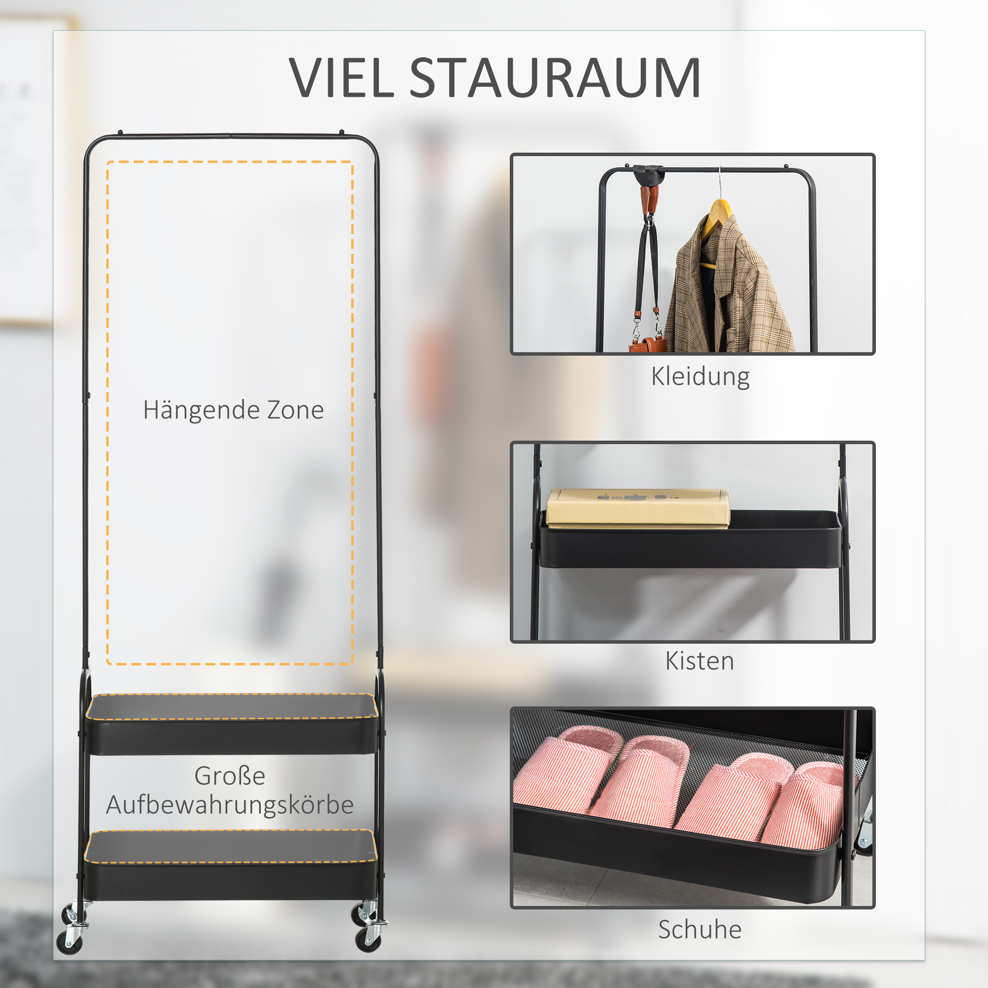 Kleiderständer aus Metall mit Schuhablage, fahrbar, freistehend, Schwarz