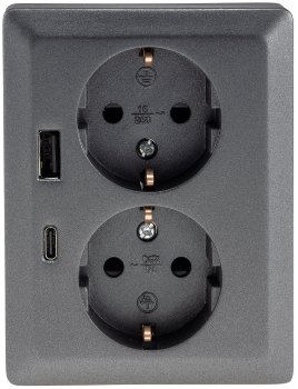 MILOS Schutzkontakt-Steckdose 2-fach / 250V~/ 16A, 1x UP, USB A+C/PD, anthrazit