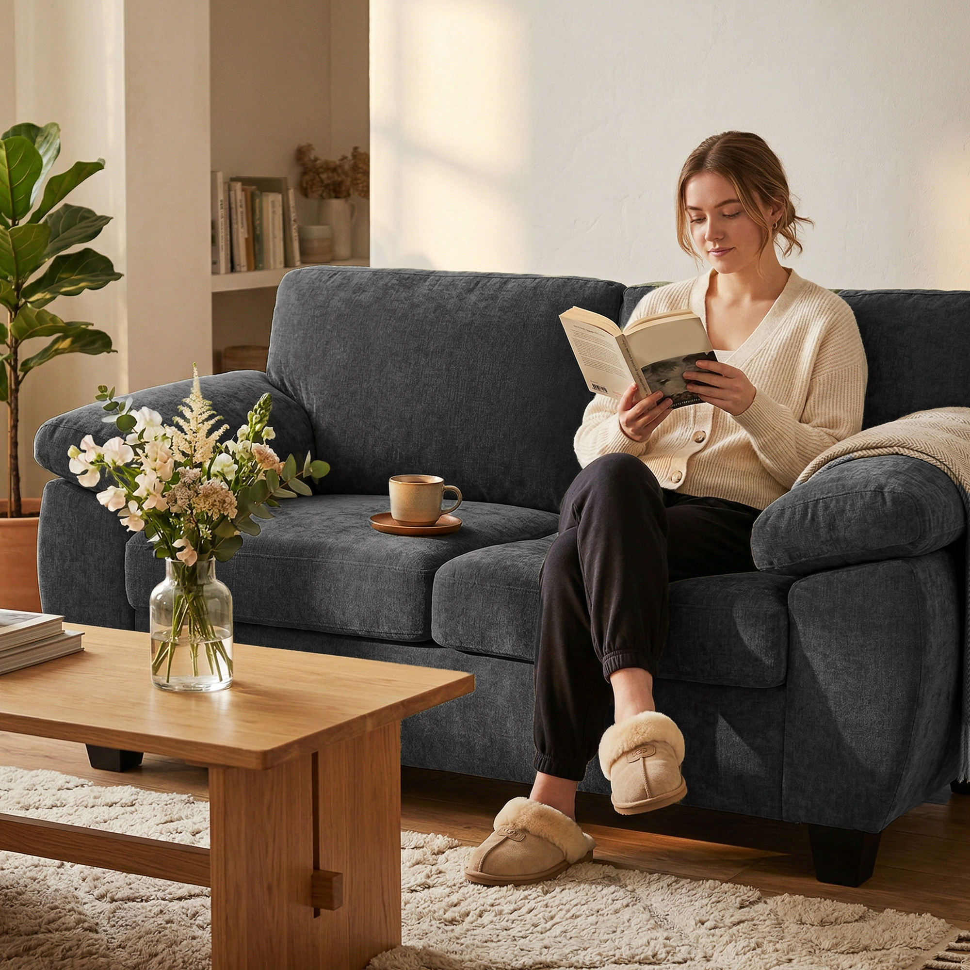 2-Sitzer-Sofa, 156 cm Chenille-Sofa mit dicken Federkernpolstern, breiten gepolsterten Armlehnen, 300 kg Tragkraft, Dunkelgrau