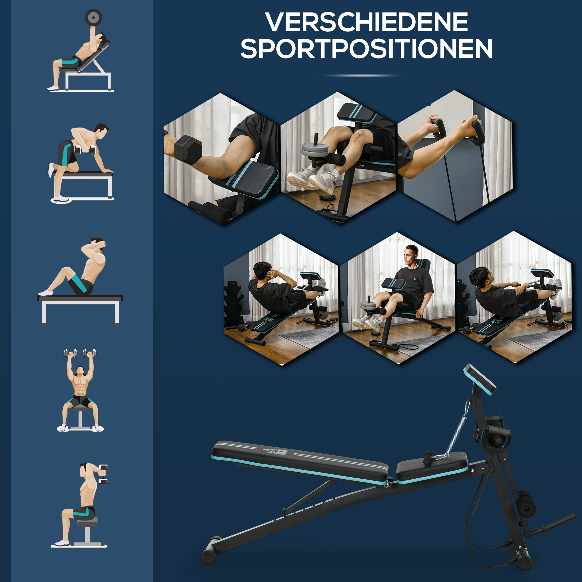 Hantelbank, Klappbar Trainingsbank mit 7-fach verstellbarer Rückenlehne, Fitnessbank bis 120 kg belastbar, Blau
