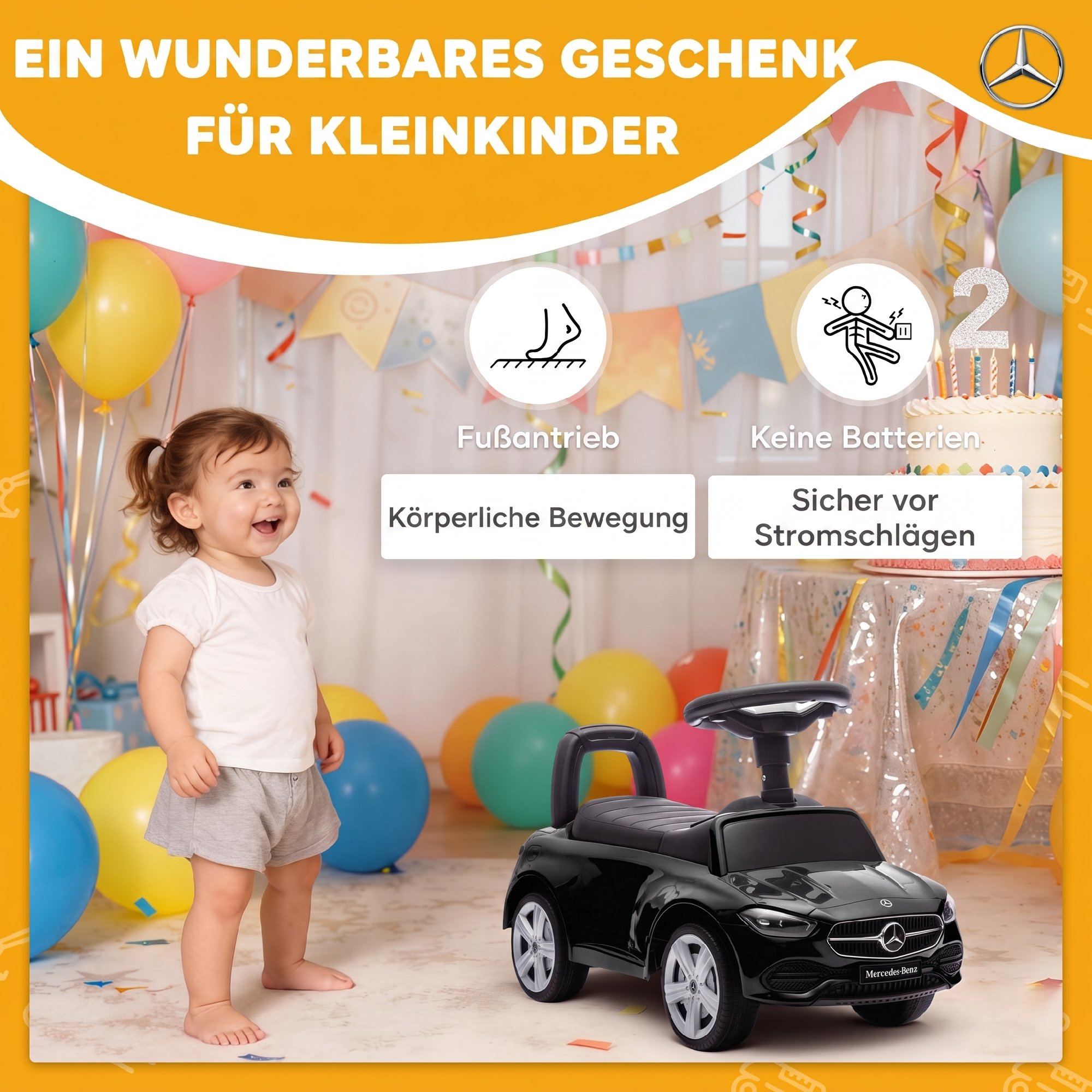 Mercedes-Benz C-Class Rutschauto mit Hupe, Motorgeräuschen, Stauraum, für Kinder 18-36 Monate, Schwarz