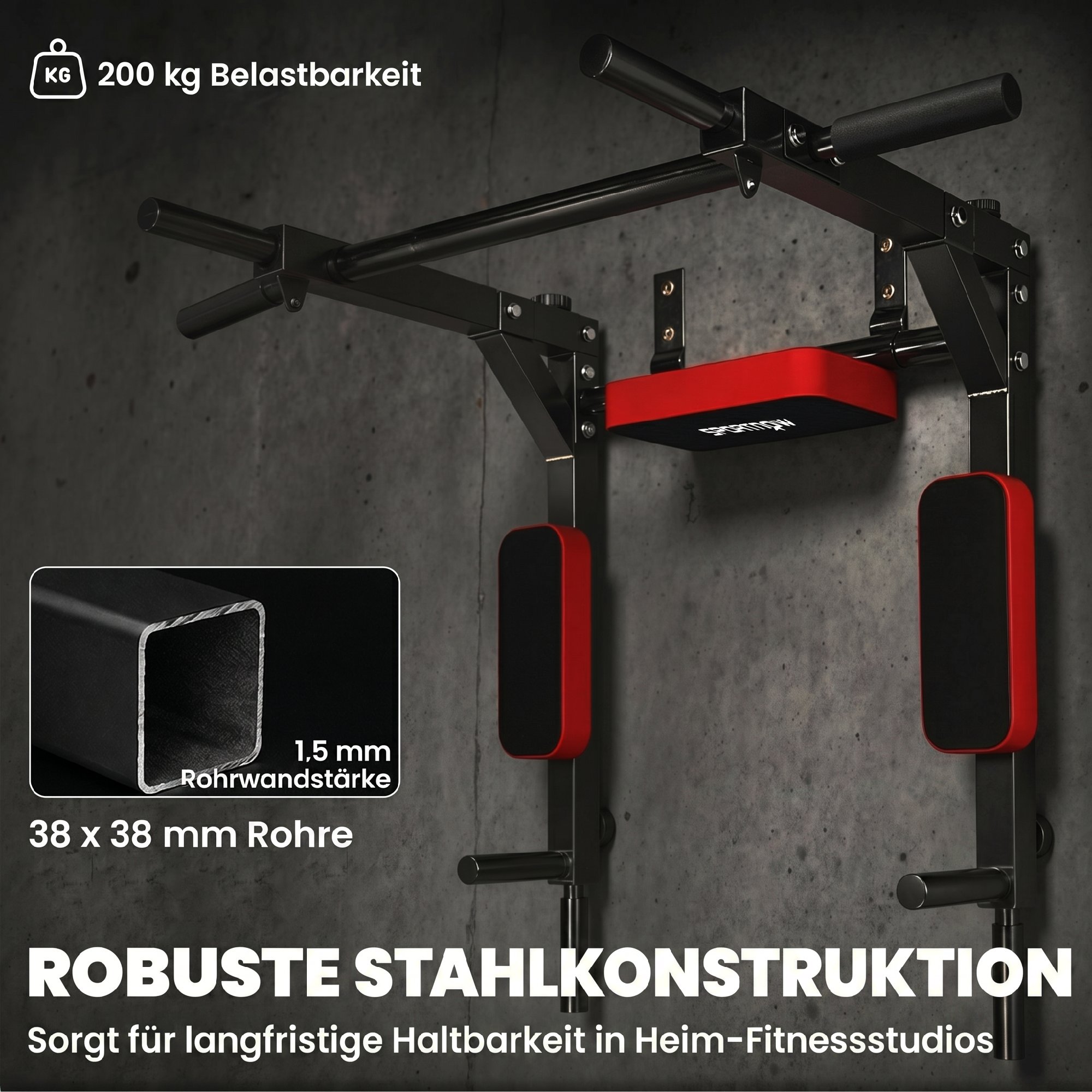 Wand-Klimmzugstange, 2-in-1 Profi-Klimmzug- und Dipstation für das Heimtraining, bis 200 kg, Rot