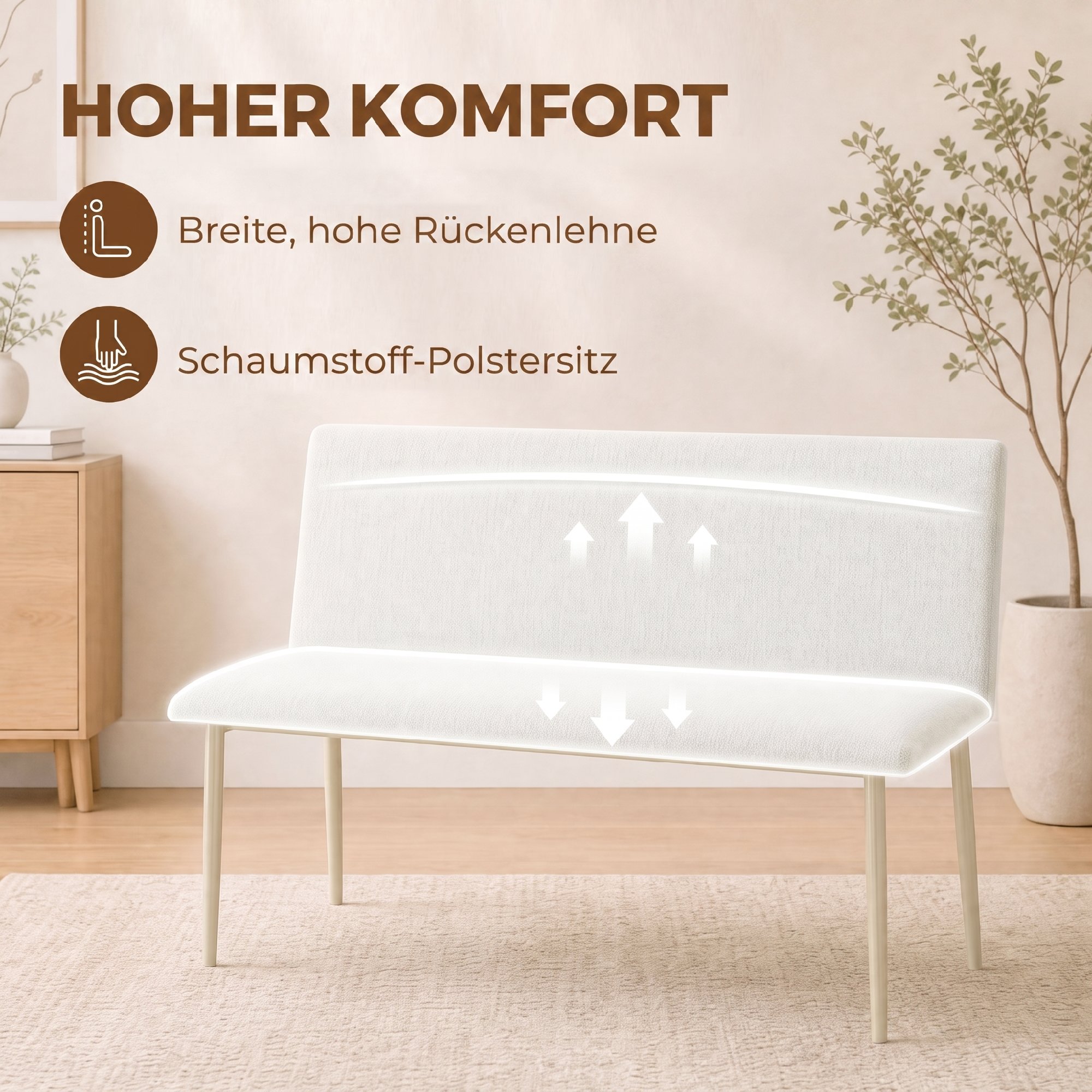 Esszimmerstuhl ohne Armlehnen, Stoff in Leinenoptik, Küchenstuhl mit Rückenlehne und Metallbeinen, für Wohnzimmer, Creme