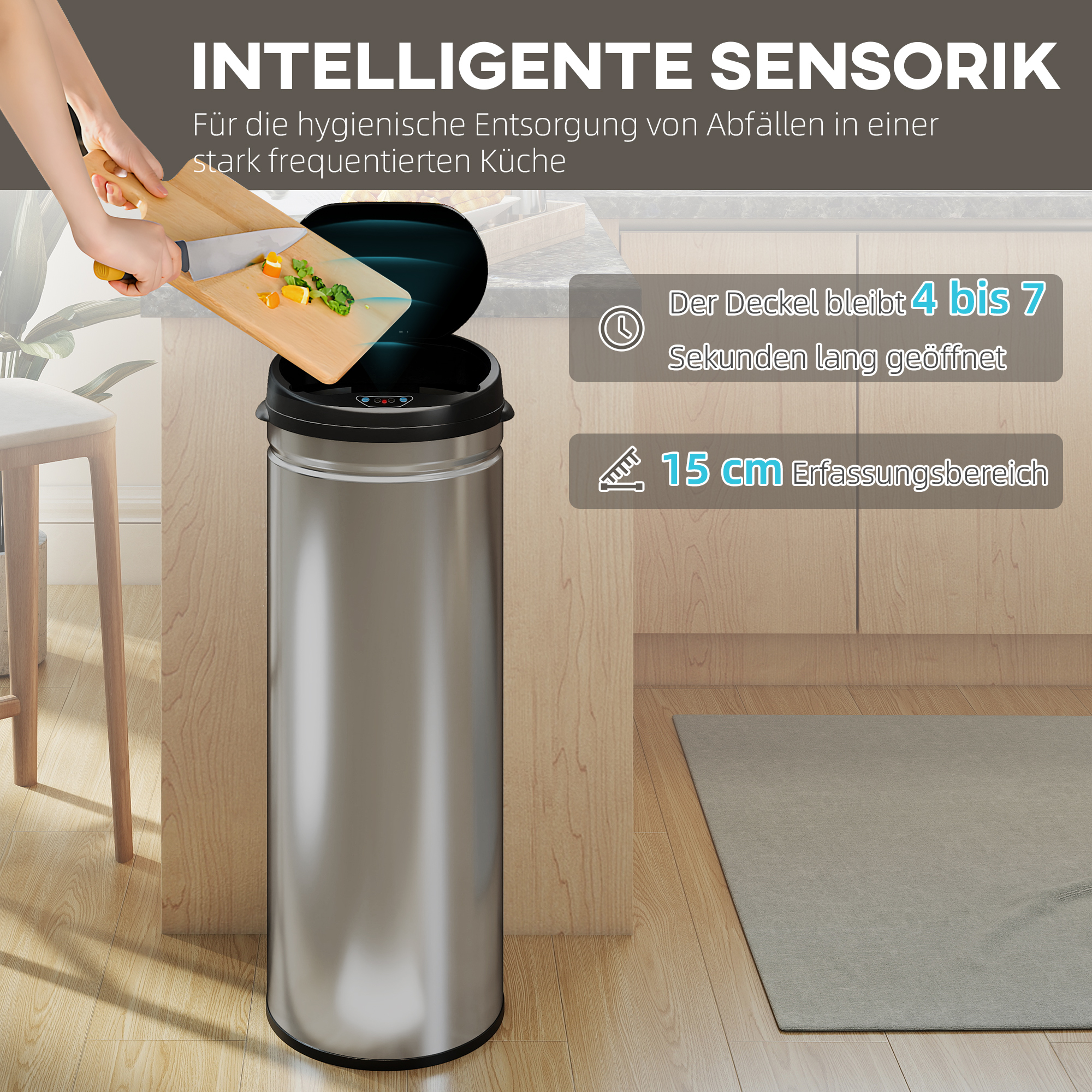 50 Liter Sensor-Mülleimer mit Soft-Close-Funktion, berührungsfreier Abfalleimer aus Edelstahl für hygienische Küchen, Büros, Silberfarben