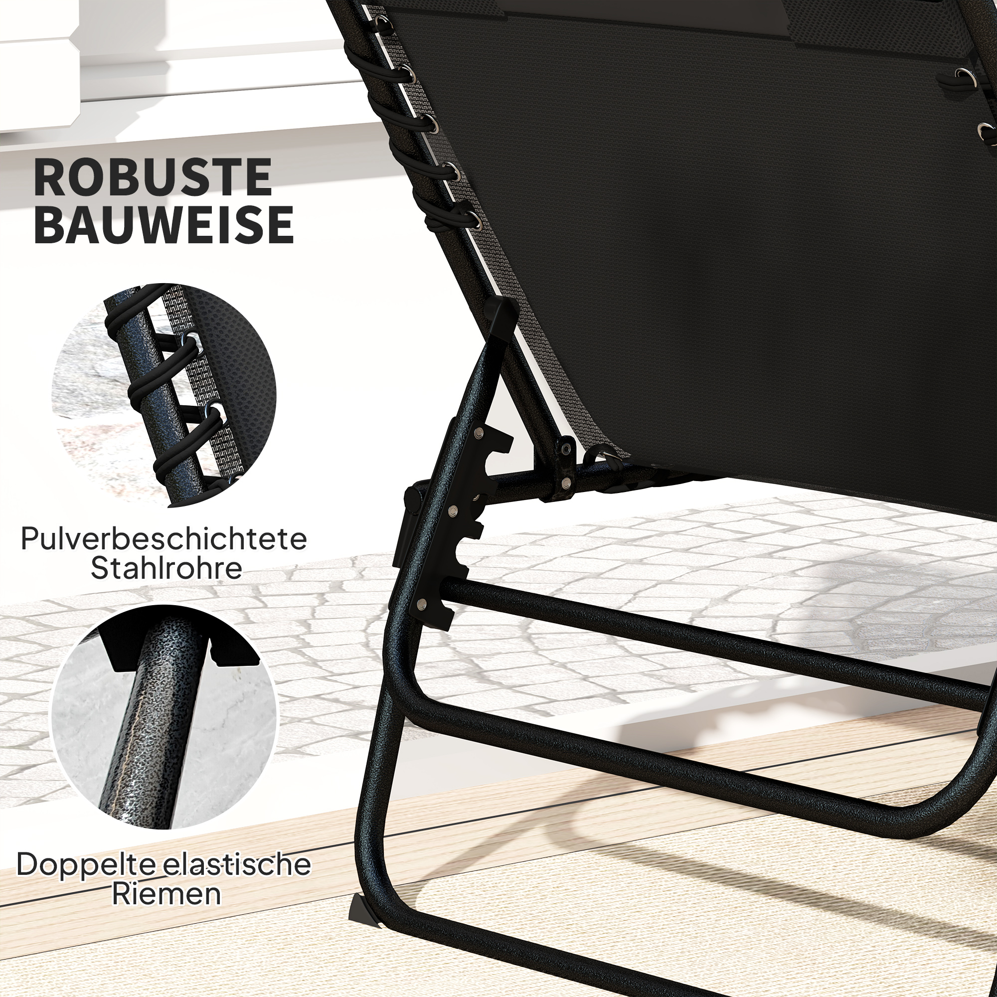 2er Set Sonnenliege klappbar Gartenliege mit Kopfkissen 5-Fach höhenverstellbarer Rückenlehne Seitentasche Schwarz