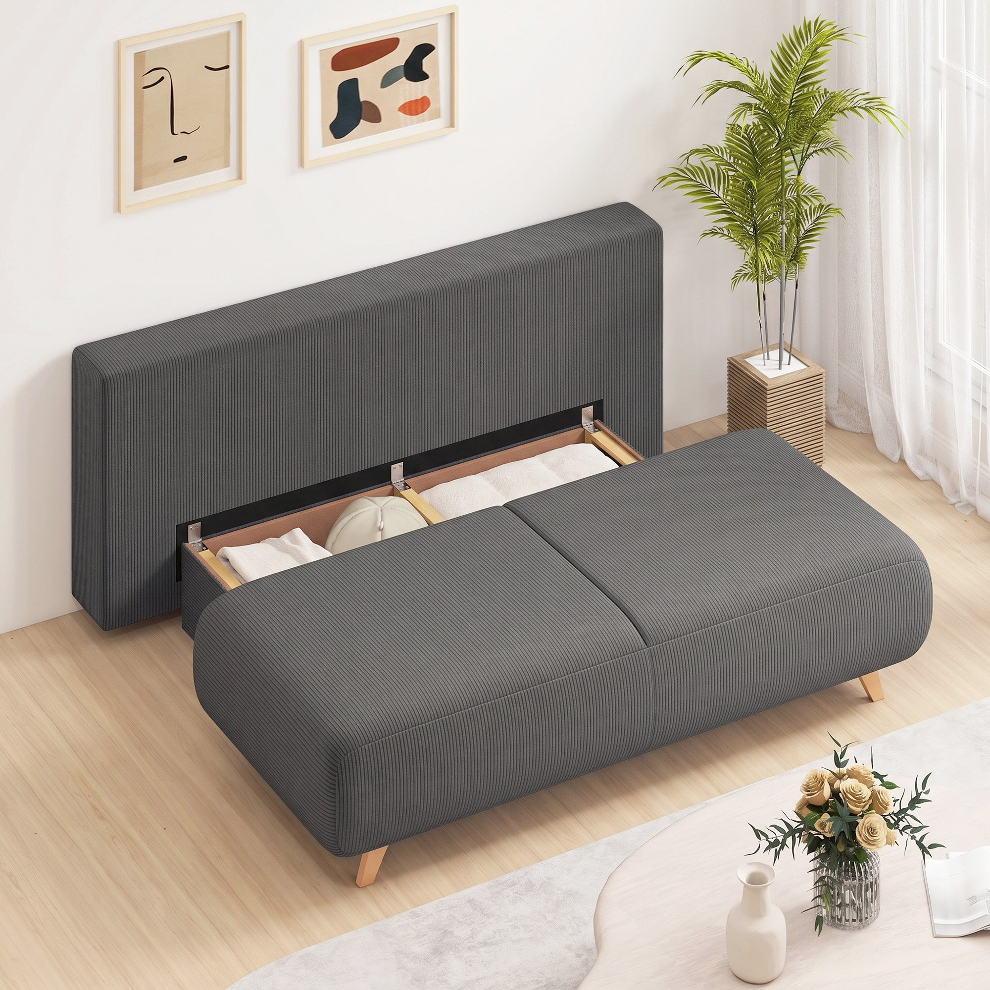 Schlafsofa mit verstellbarer Rückenlehne, Bettfunktion, verstecktem Stauraum und Cordbezug, Grau