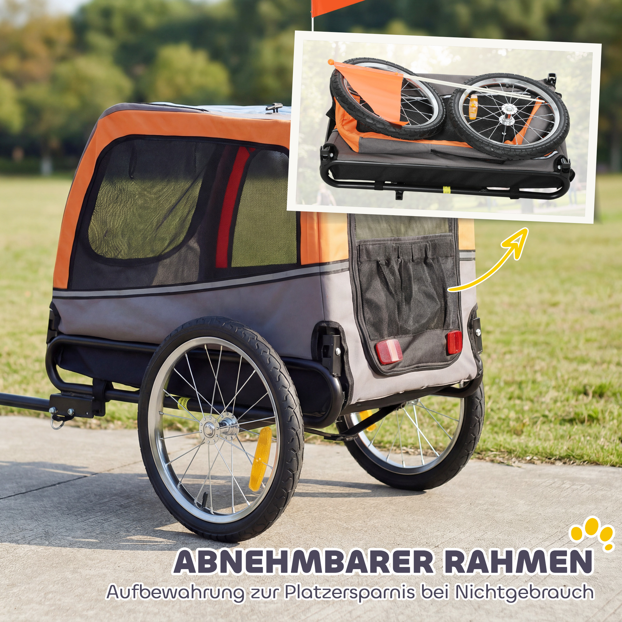 Hundeanhänger Faltbarer Fahrradanhänger mit Sicherheitsreflektoren für Kleine Mittelgroße Hunde bis 20 kg Orange