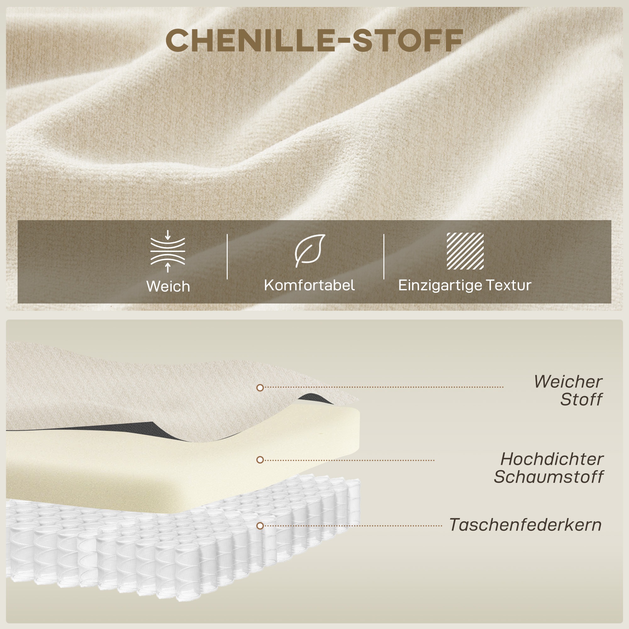 3-Sitzer-Sofa, 260 cm Chenille-Sofa mit breiter Sitzfläche, Federkernpolsterung, hochdichtem Schaumstoff, 3 Kissen, cremeweiß