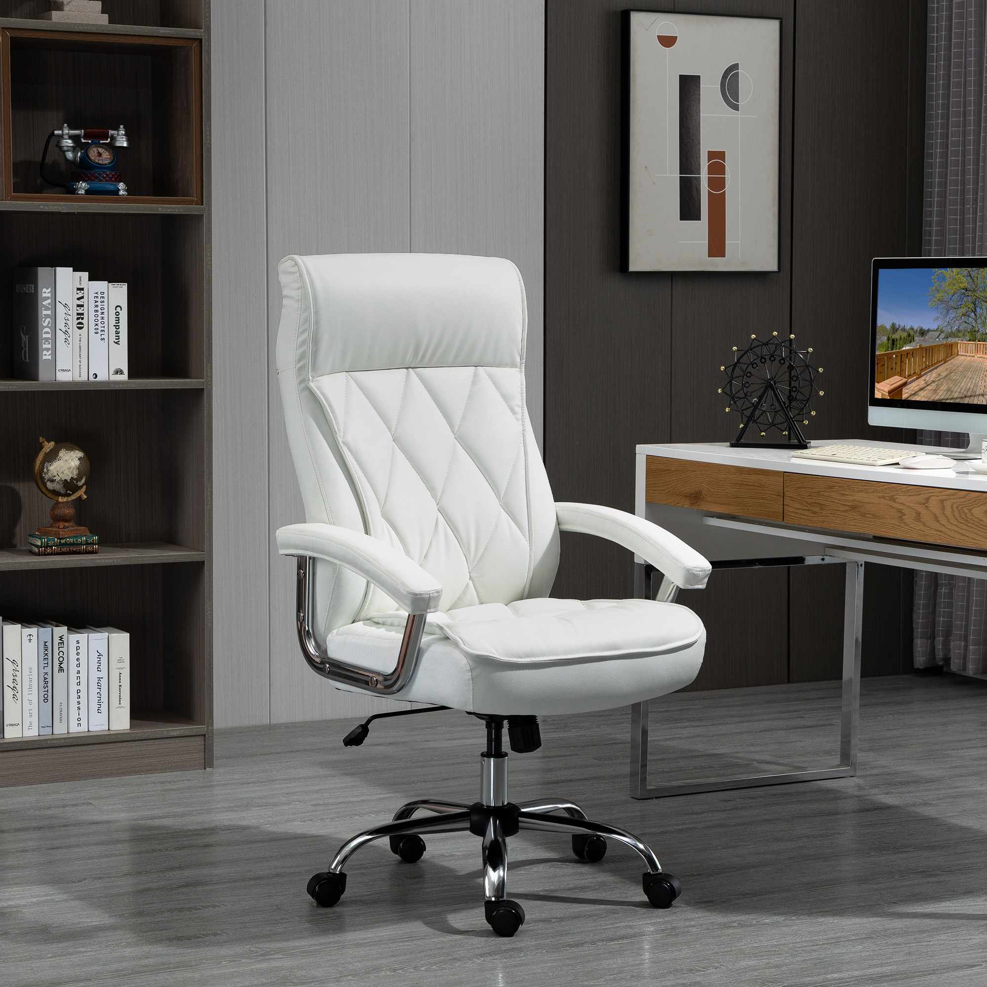 Bürostuhl, ergonomischer Schreibtischstuhl, höhenverstellbarer Drehstuhl mit Wippfunktion, Rautenmuster, Kunstleder, gepolsterter Chefsessel, Weiß