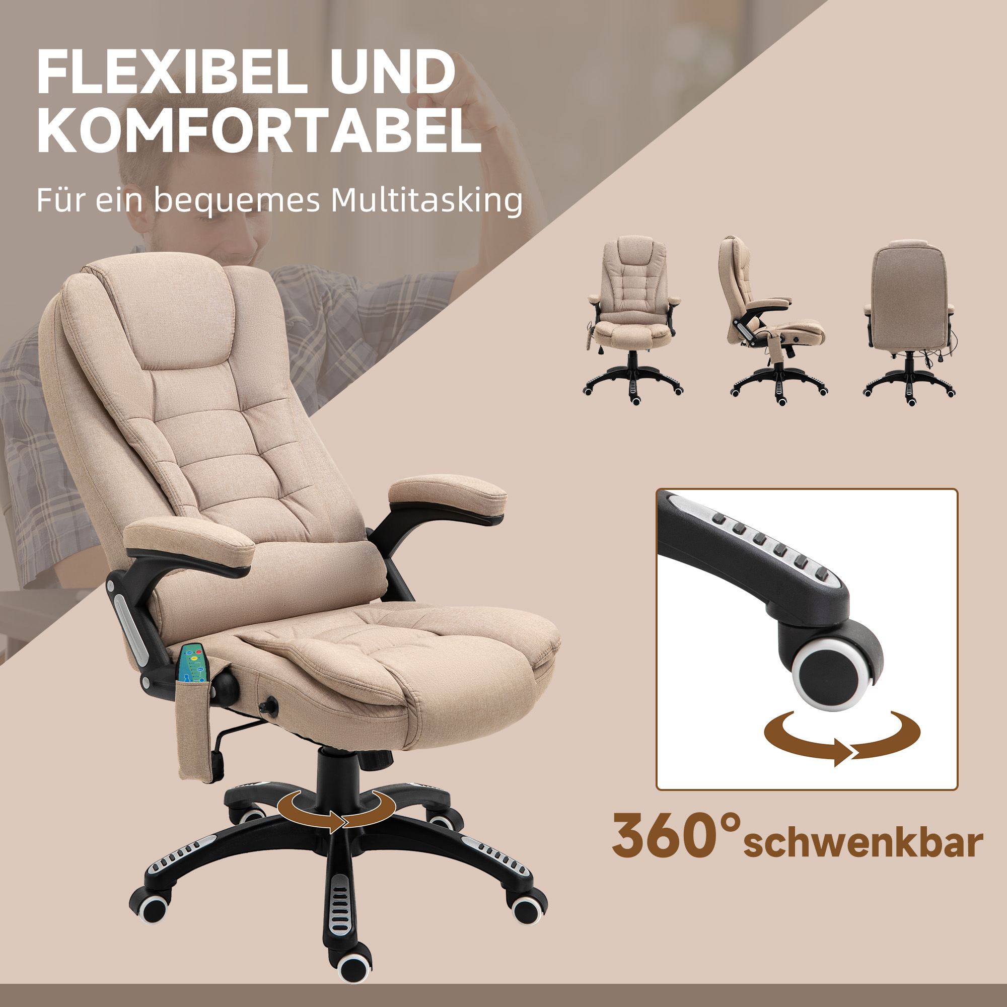 Massagesessel mit Wärmefunktion, Ergonomischer Schreibtischstuhl, höhenverstellbar, 68L x 72B x 110-120 cm, Braun