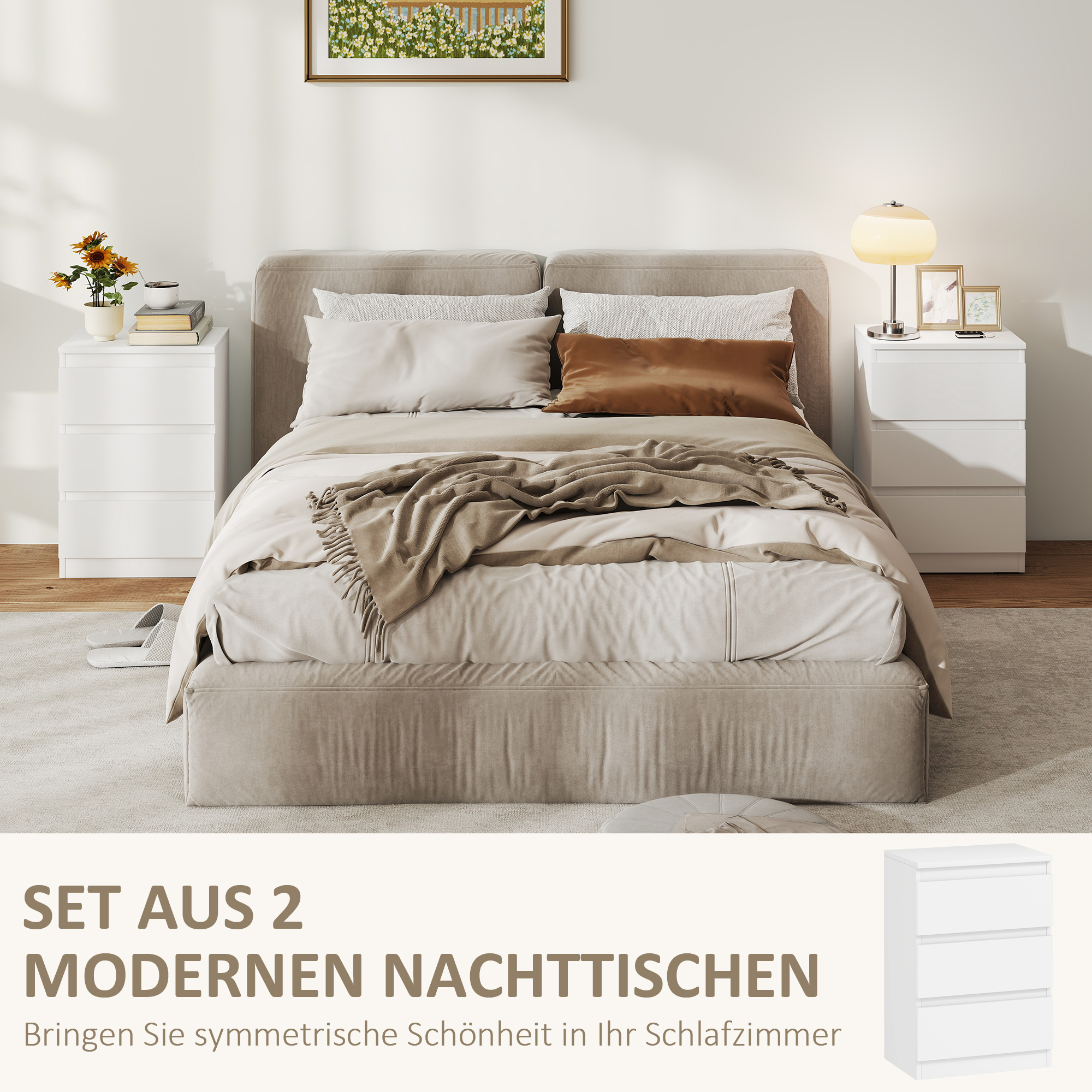 Nachttische im 2er-Set, 3 Schubladen, griffloses Design, Holzoptik, Weiß