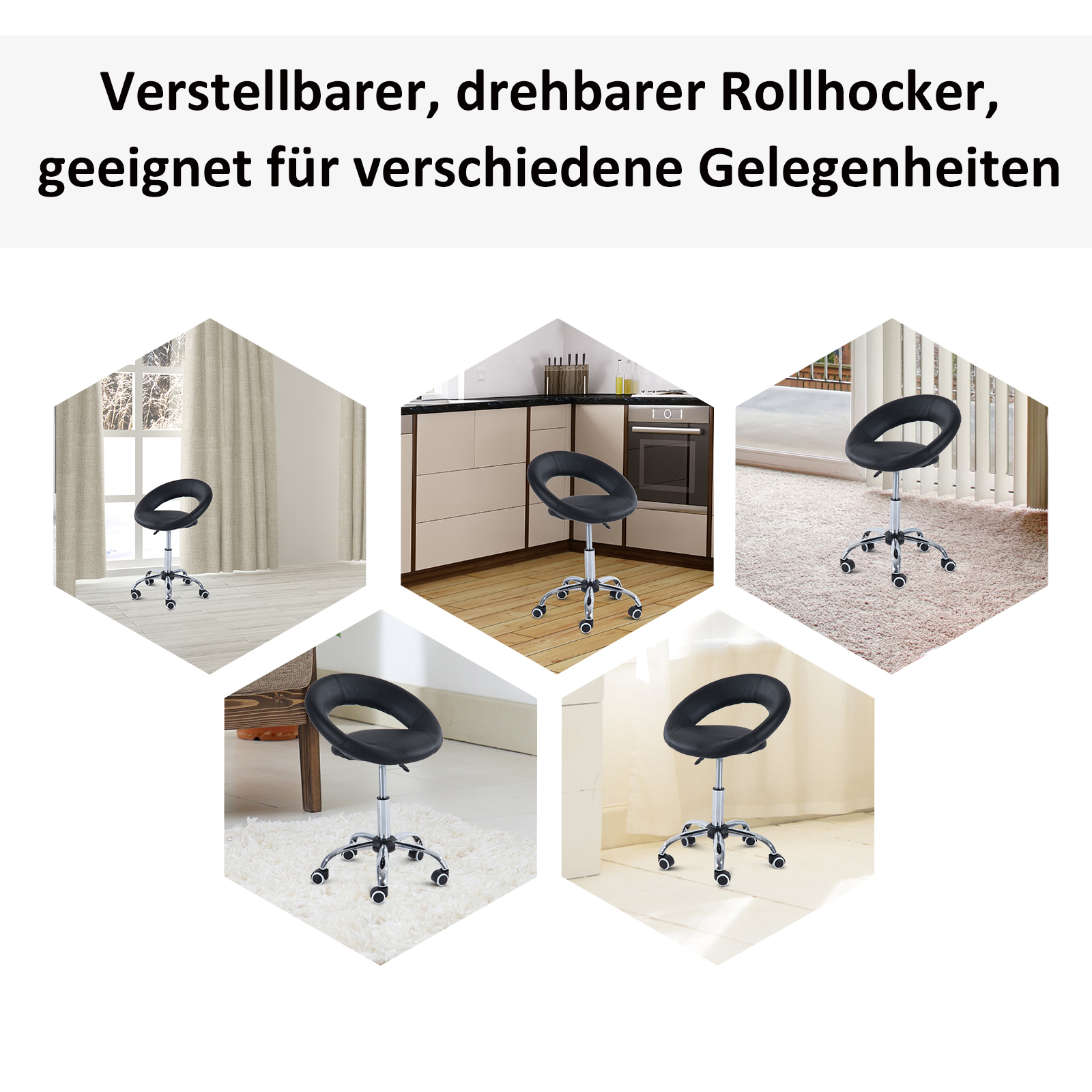 Rollhocker Arbeitshocker Drehhocker Bürostuhl höhenverstellbar, PU+Metall, Schwarz, 50 x 54 x (66-78) cm