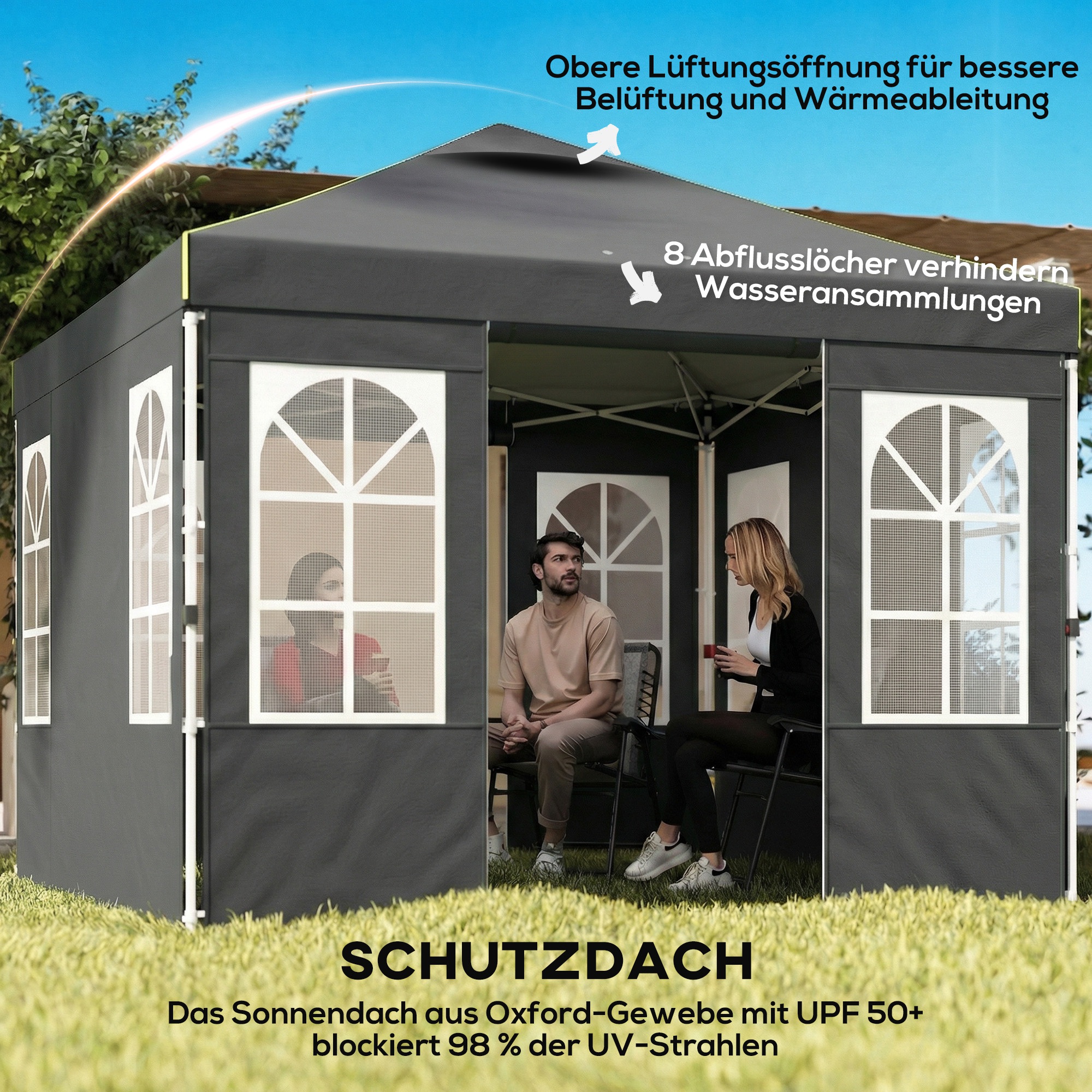 Pavillon 3x3m Wasserdicht Stabil Winterfest Pop-up Faltpavillon, Ein-Knopf-Aufbau, UV 50+ Dunkelgrau