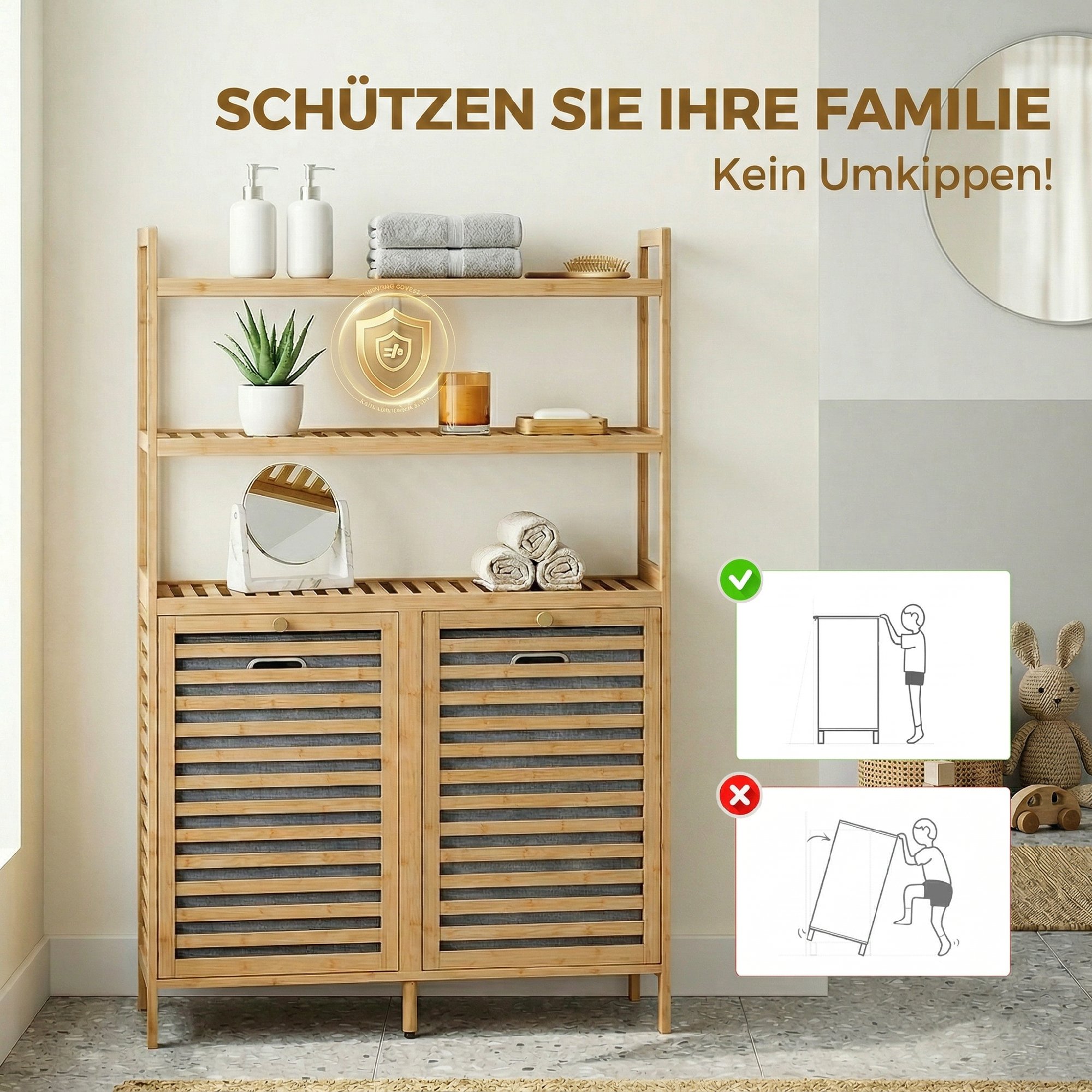 Doppel-Wäscheschrank mit Kippfunktion, freistehender Bambus-Schrank, 2 herausnehmbare Körbe, 3 Ablagefächer, Eiche