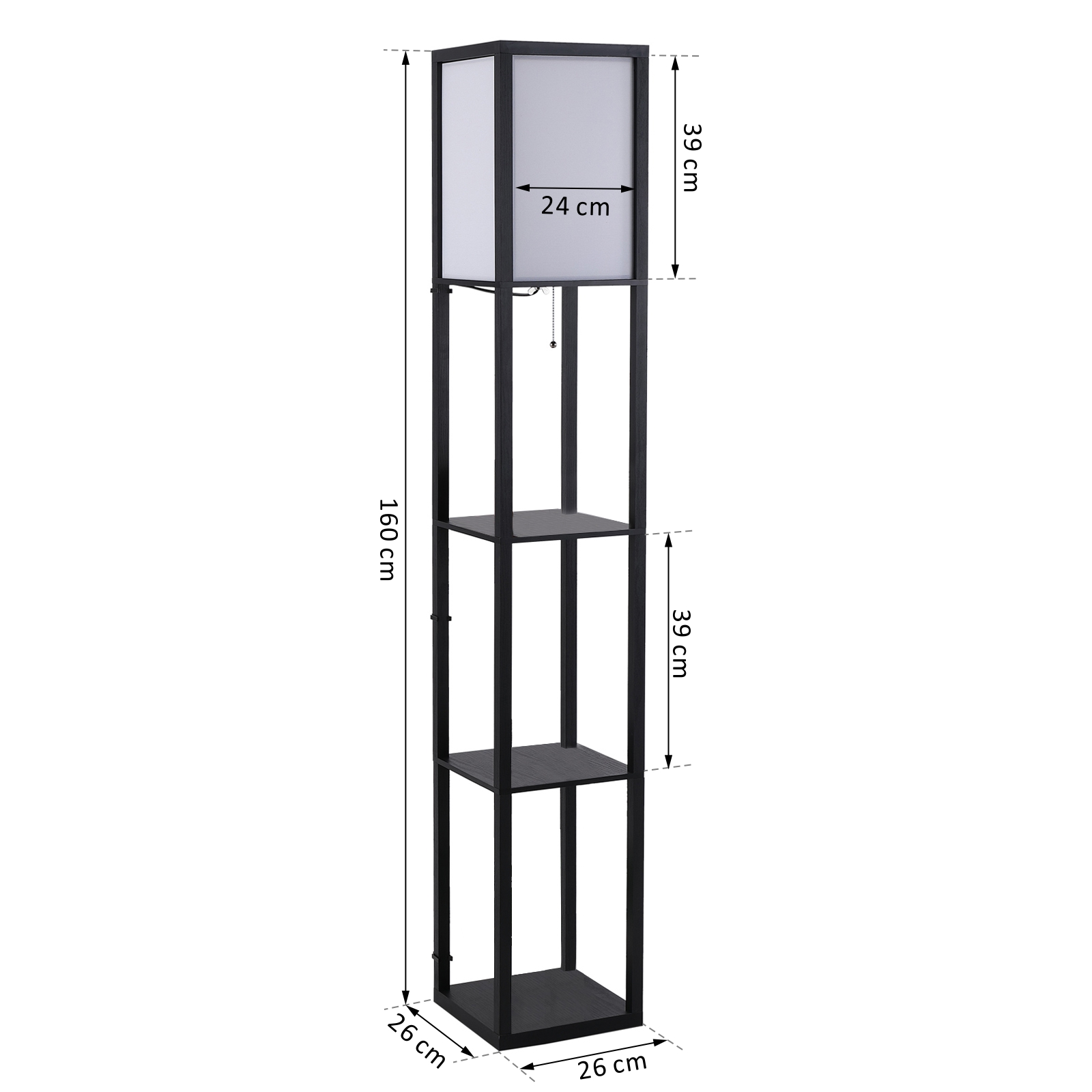 Stehlampe mit Regalen, Stehleuchte, Holz, 26 x 26 x 160 cm, für Wohn-/Schlafzimmer (Ohne Glühbirne)