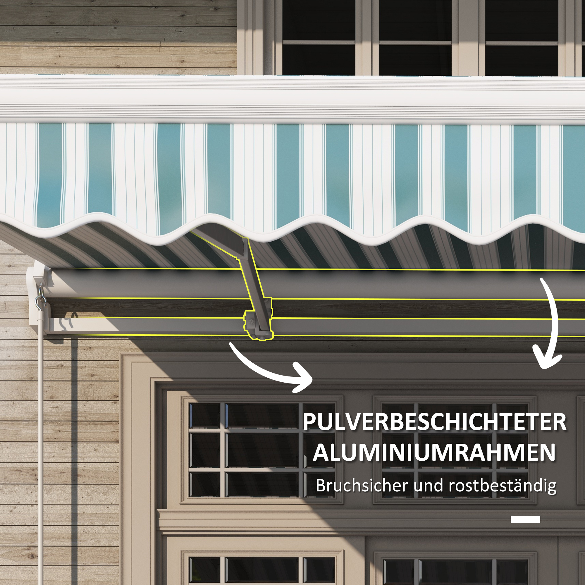 Markise, Sonnenschutz, einfahrbar, mit Handkurbel, Metallrahmen, Polyester, weiß+grün, 3,95 x 2,45 m