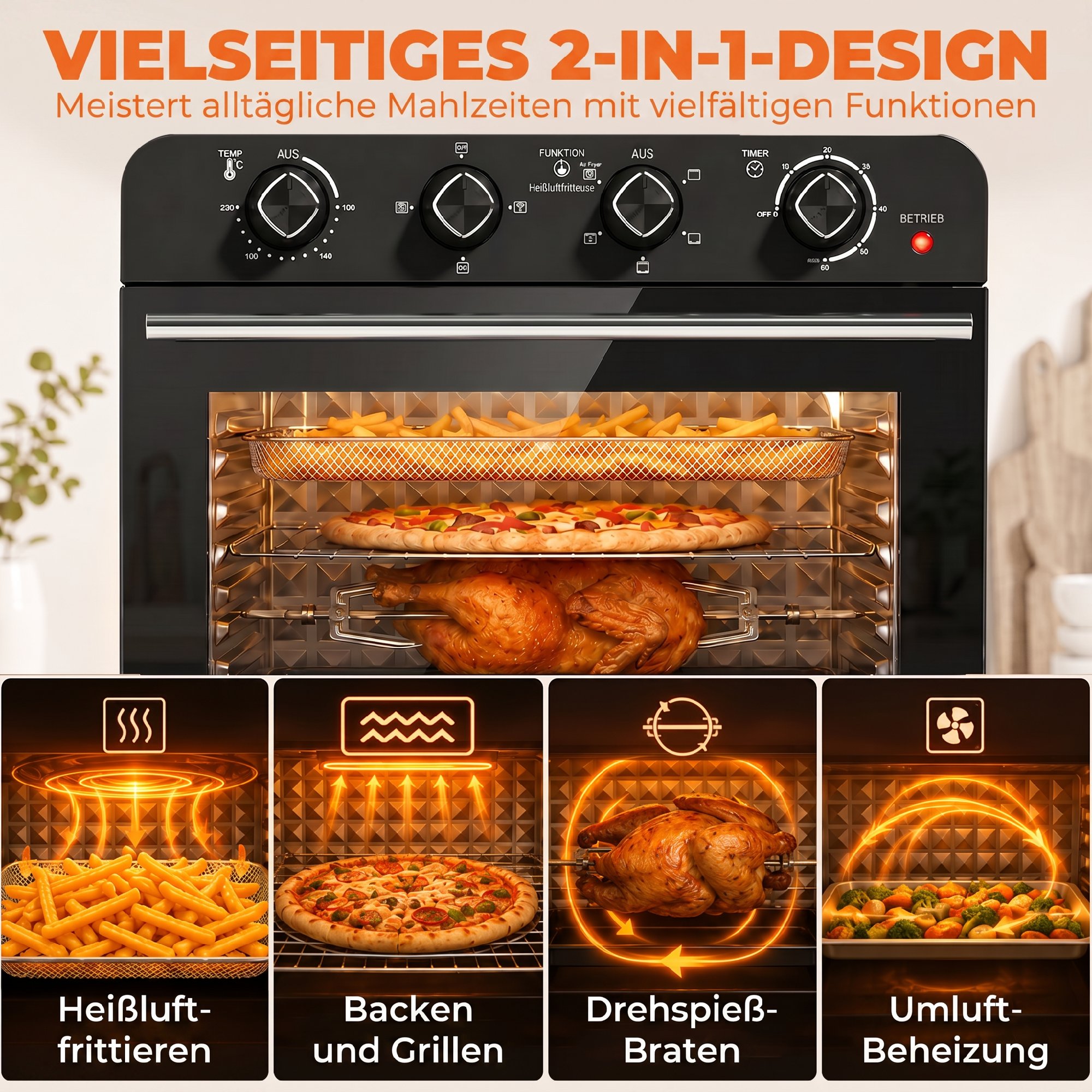 Heißluftfritteusen-Backofen mit Umluft und Drehspieß-Set, Temperaturregler, Timer, 1800 W