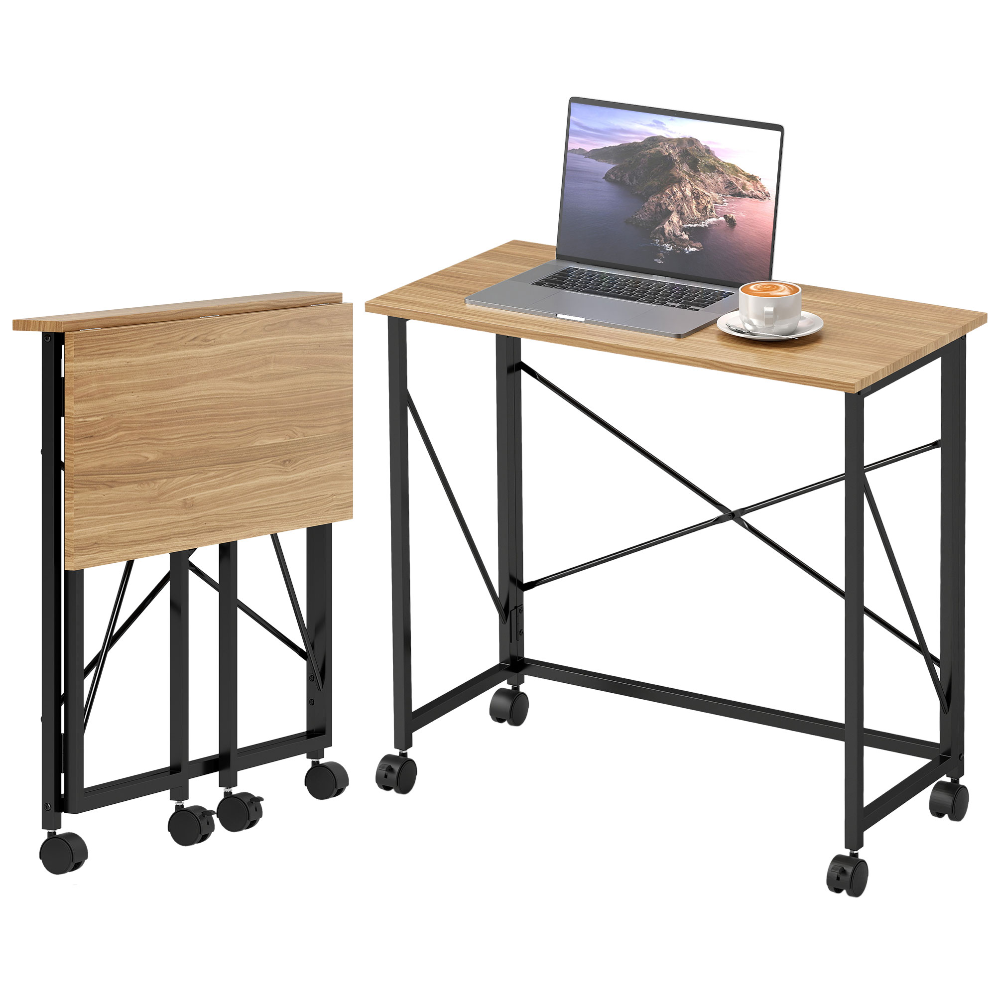 Klappbarer Schreibtisch mit Rädern, platzsparend, Stahl, MDF, Eiche Klappbarer Schreibtisch mit Rädern, platzsparend, Stahl, MDF, Eiche