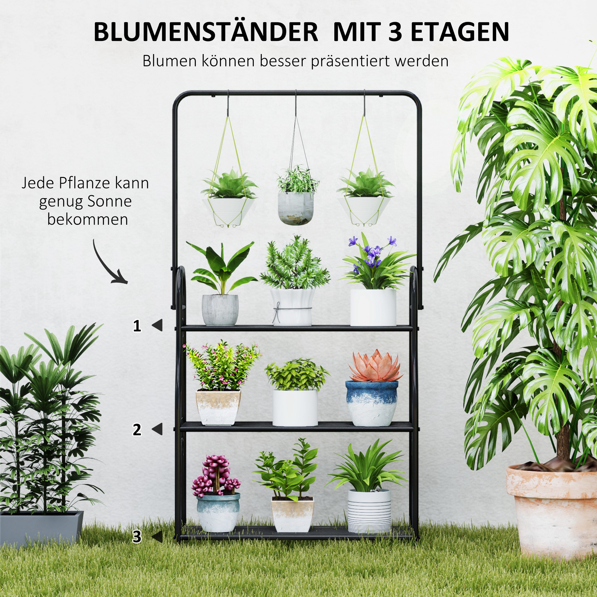 Blumenregal, 3-stufiges Pflanzenregal mit Hängehaken, Metallregal für Blumentöpfe, Indoor- und Outdoor-tauglich, Schwarz
