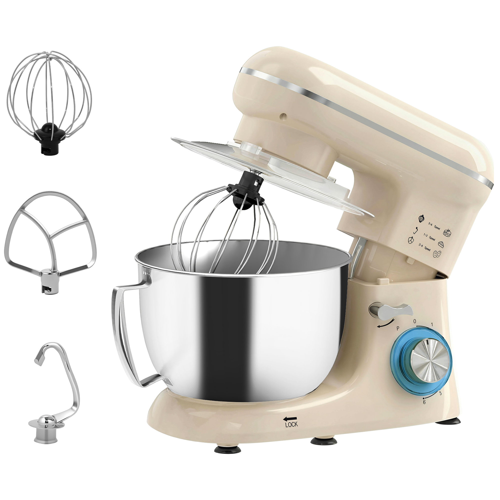 Küchenmaschine Knetmaschine mit 4,5L Edelstahlschüssel 1300W Teigmaschine mit 6+P Geschwindigkeit Beige