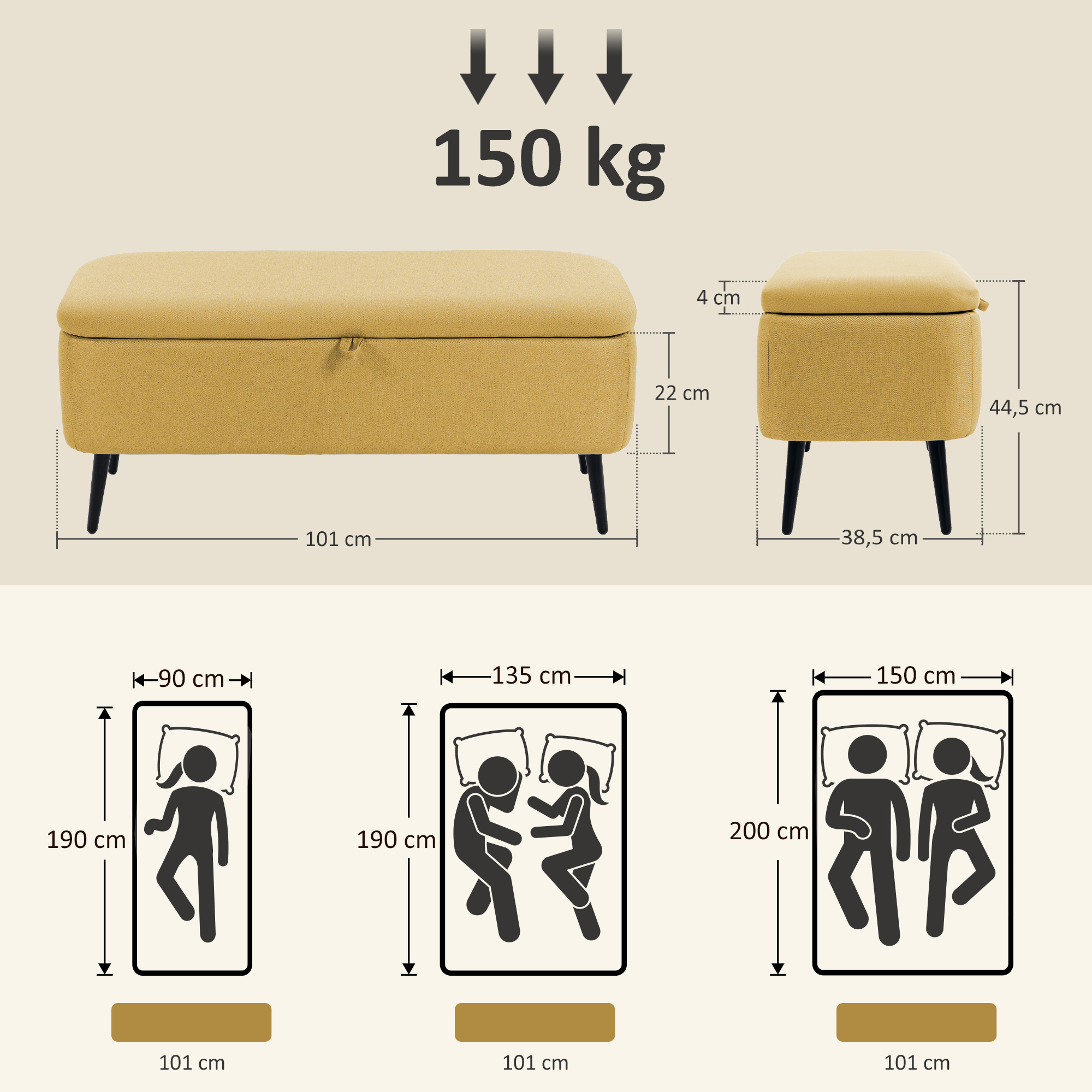 Sitzbank, Sitztruhe, Polsterbank, Leinenoptik, bis 150kg, 101x38,5x44,5 cm, Gelb