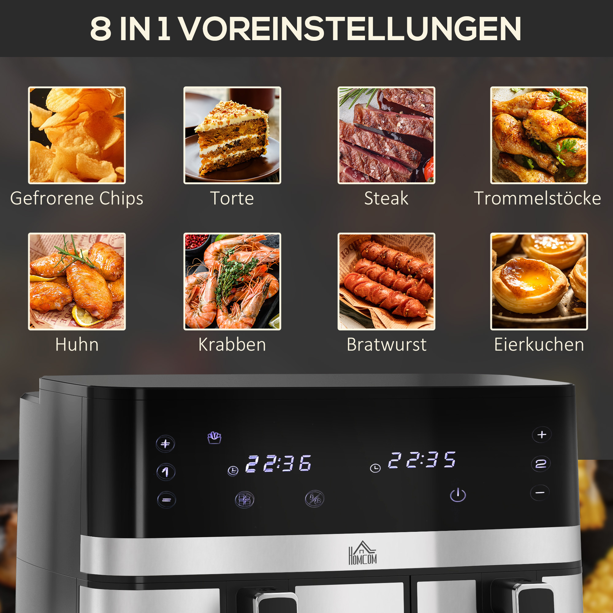 Heißluftfriteuse Friteuse, 2700 W, 8 Einstellungen, 41,8 cm x 39,2 cm x 31,1 cm, Schwarz + Silber