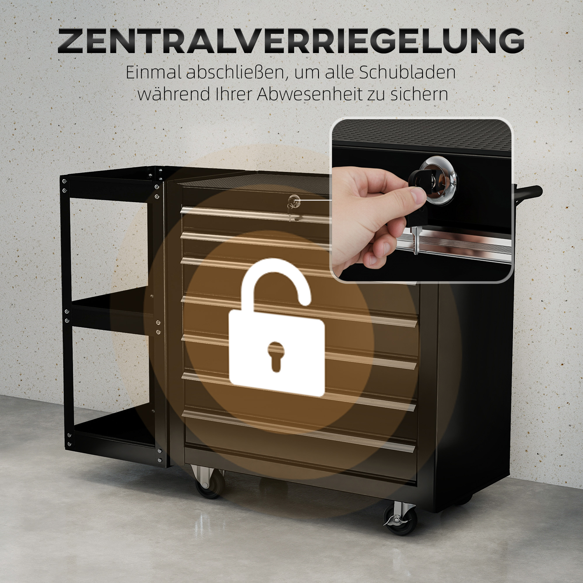 Werkstattwagen Werkzeugwagen mit 7 Schubladen abnehmbar Seitenregal 4 Rollen mit Feststellbremse, 96x33,5x75cm, Schwarz