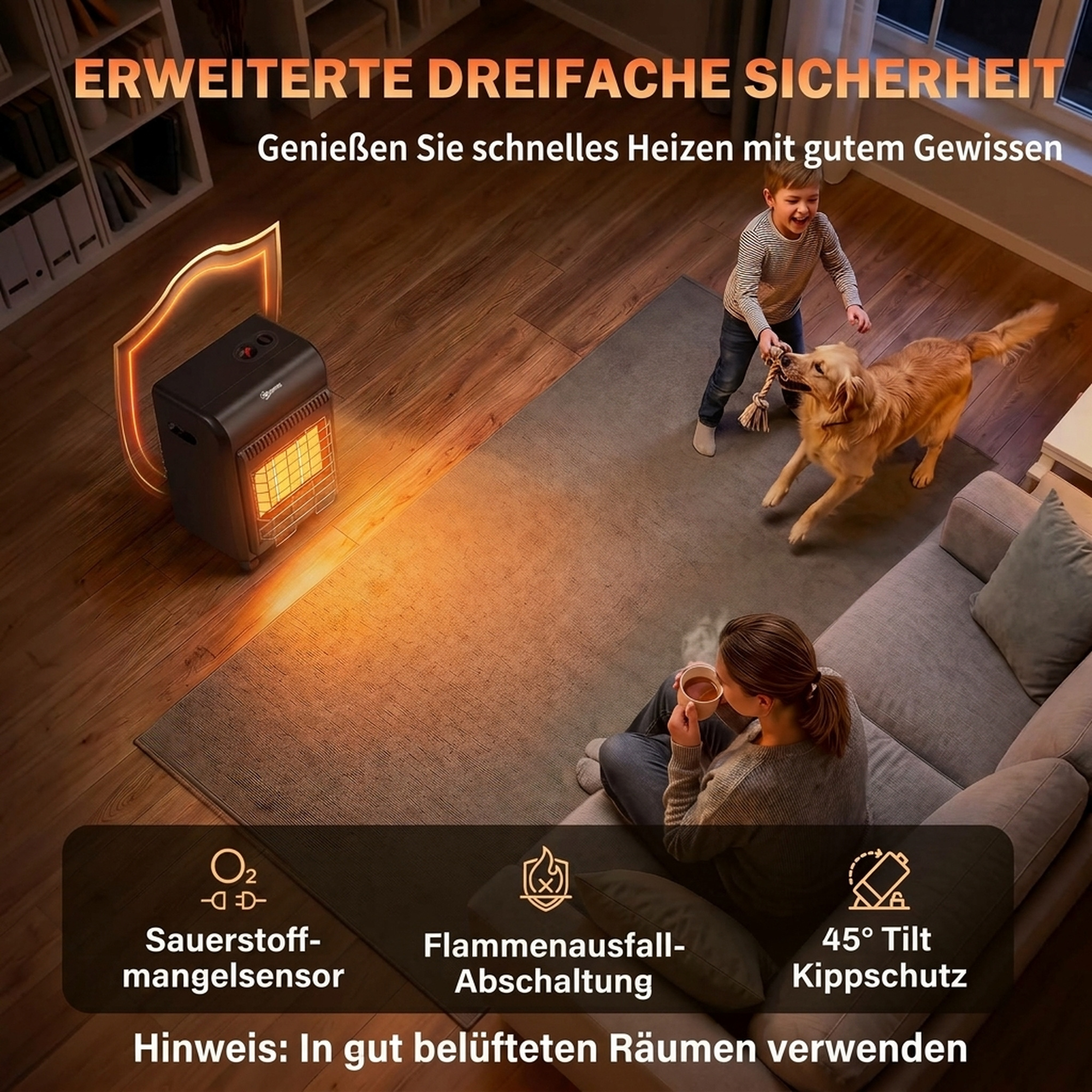 Gas Heizstrahler Outdoor 1,5-4,2 kW Terrassenheizer mit Rollen 3 Leistungsstufen 50 cm Schlauch Druckregler