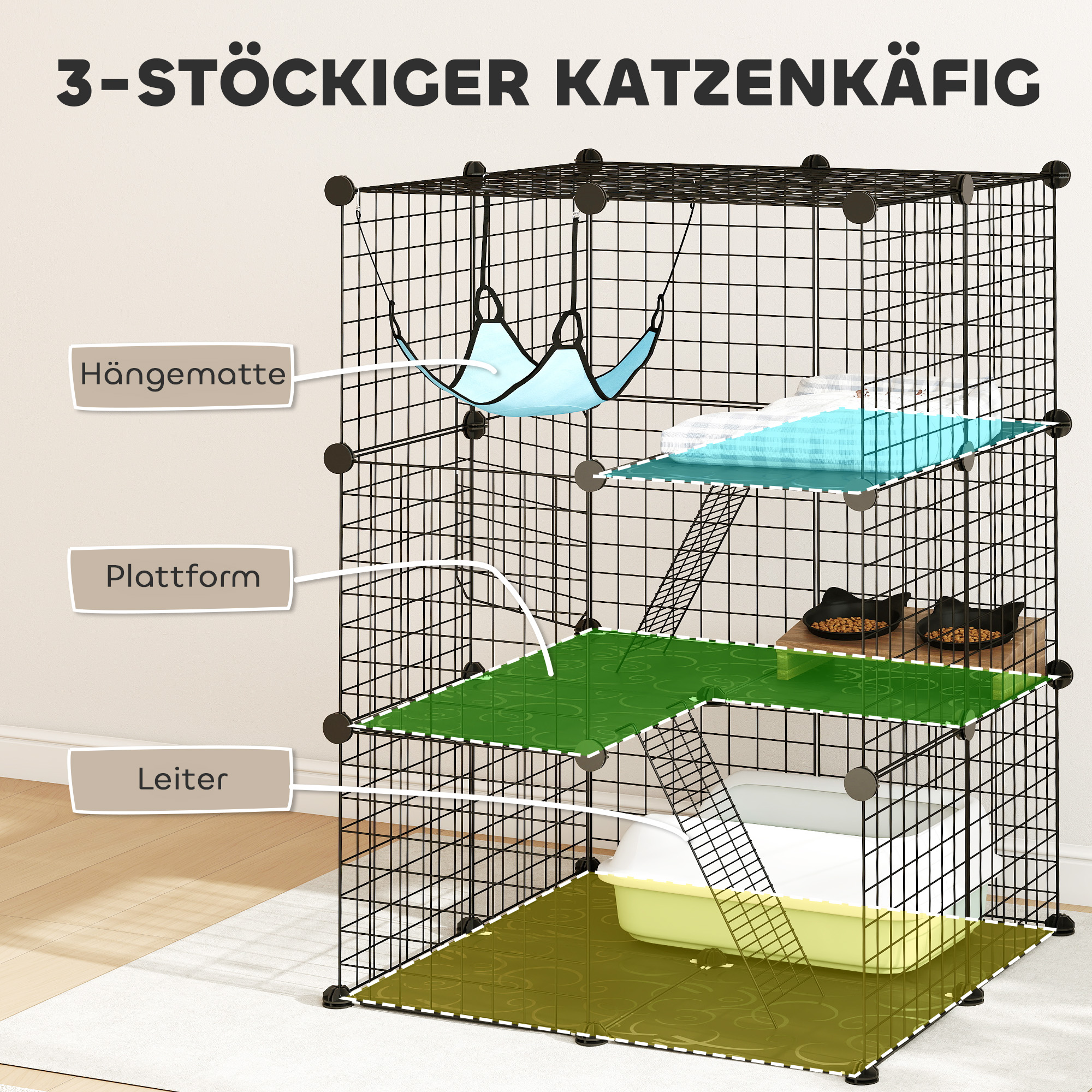 Indoor Katzenkäfig 105 cm, Stahl-Katzengehege mit 3 Türen, DIY-anpassbares Design für Kätzchen unter 4kg
