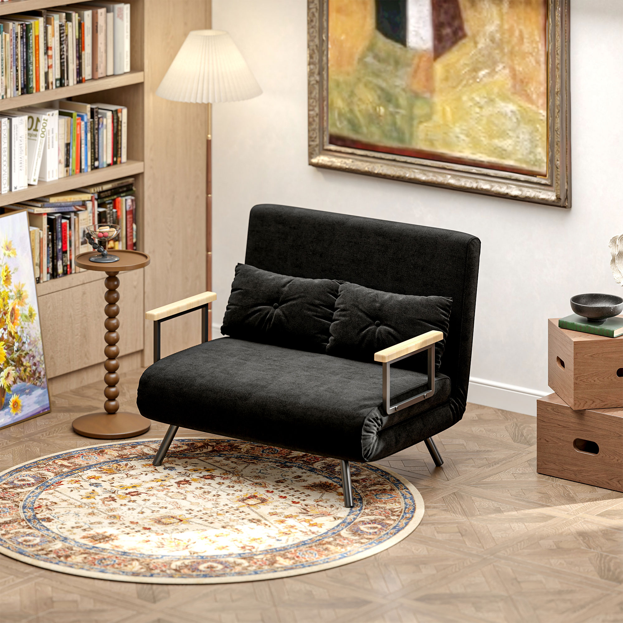 Schlafsofa 2er-Sofa Samtsofa, Schlaffunktion, inkl. 2 Kissen, Samtoptik, Schwarz
