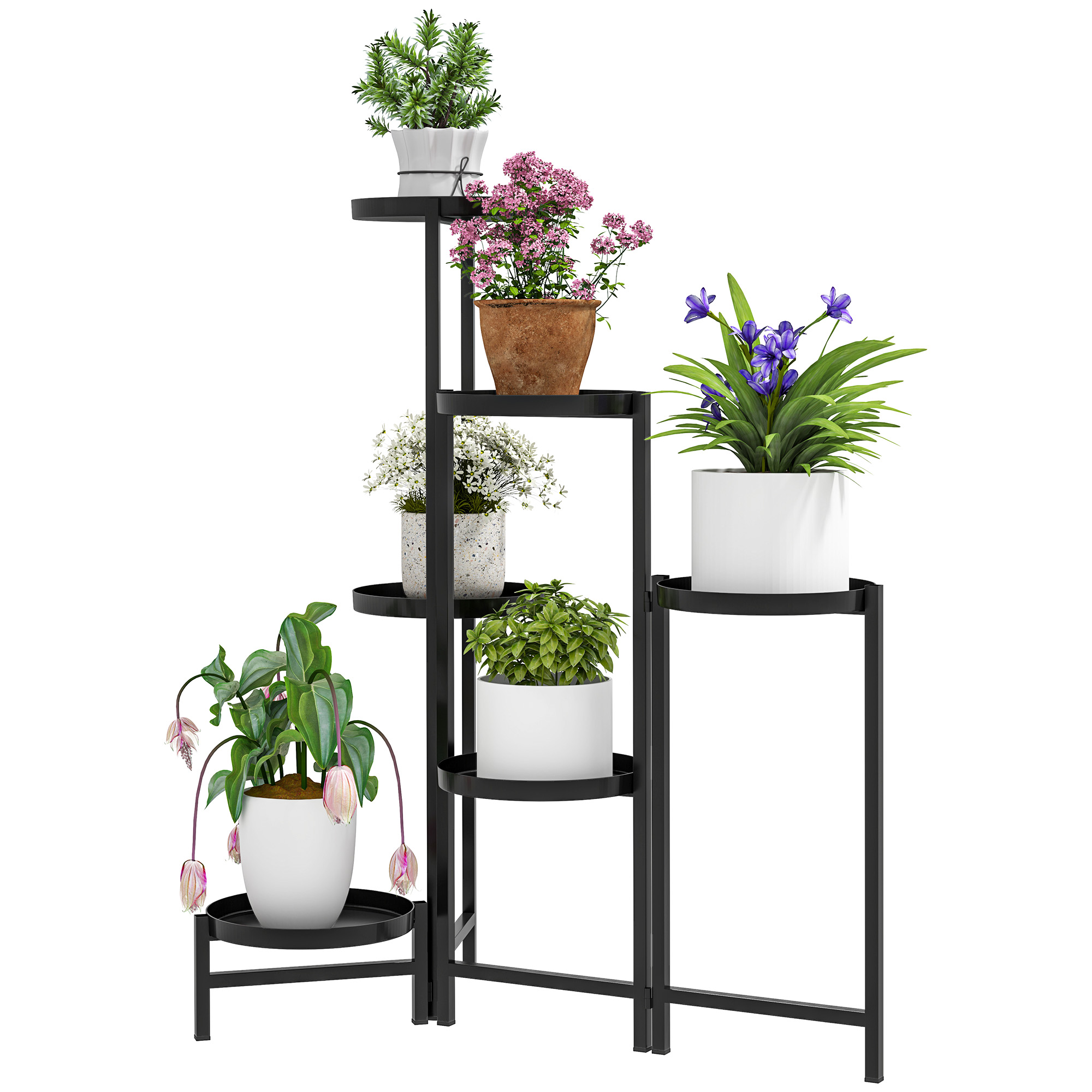 Blumentopfständer, Pflanzenständer mit 6 verstellbaren runden Ebenen, Eckständer für Pflanzentöpfe, Metall, Schwarz Blumentopfständer, Pflanzenständer mit 6 verstellbaren runden Ebenen, Eckständer für Pflanzentöpfe, Metall, Schwarz