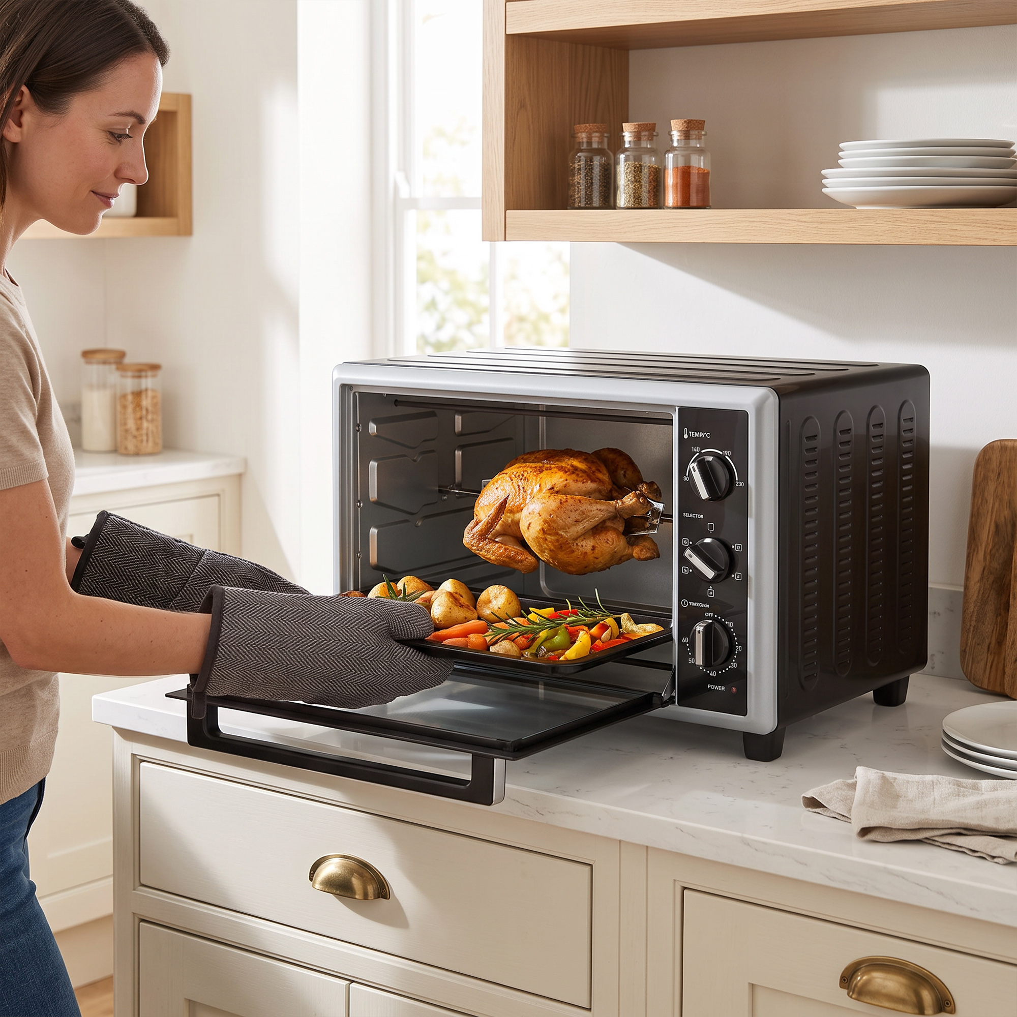 46 L Mini-Backofen mit Drehspieß, Umluft, Temperaturregelung und Timer, 1800 W, Schwarz