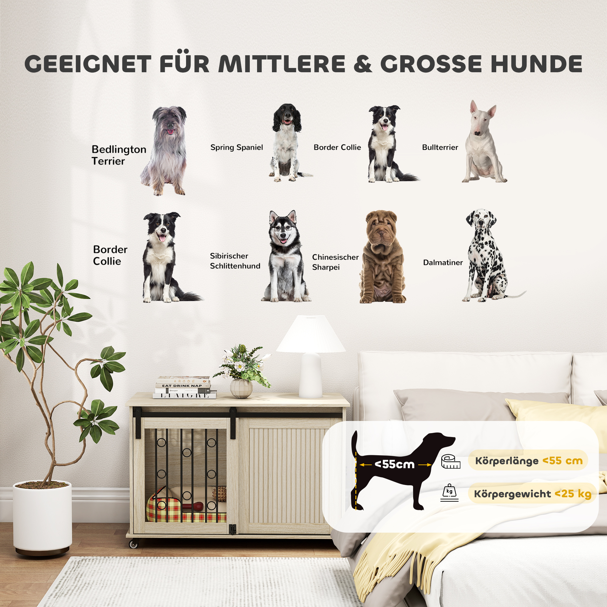 Hundebox auf Rädern, Schiebetür, 100 x 56 x 65 cm, Holz, Stahl